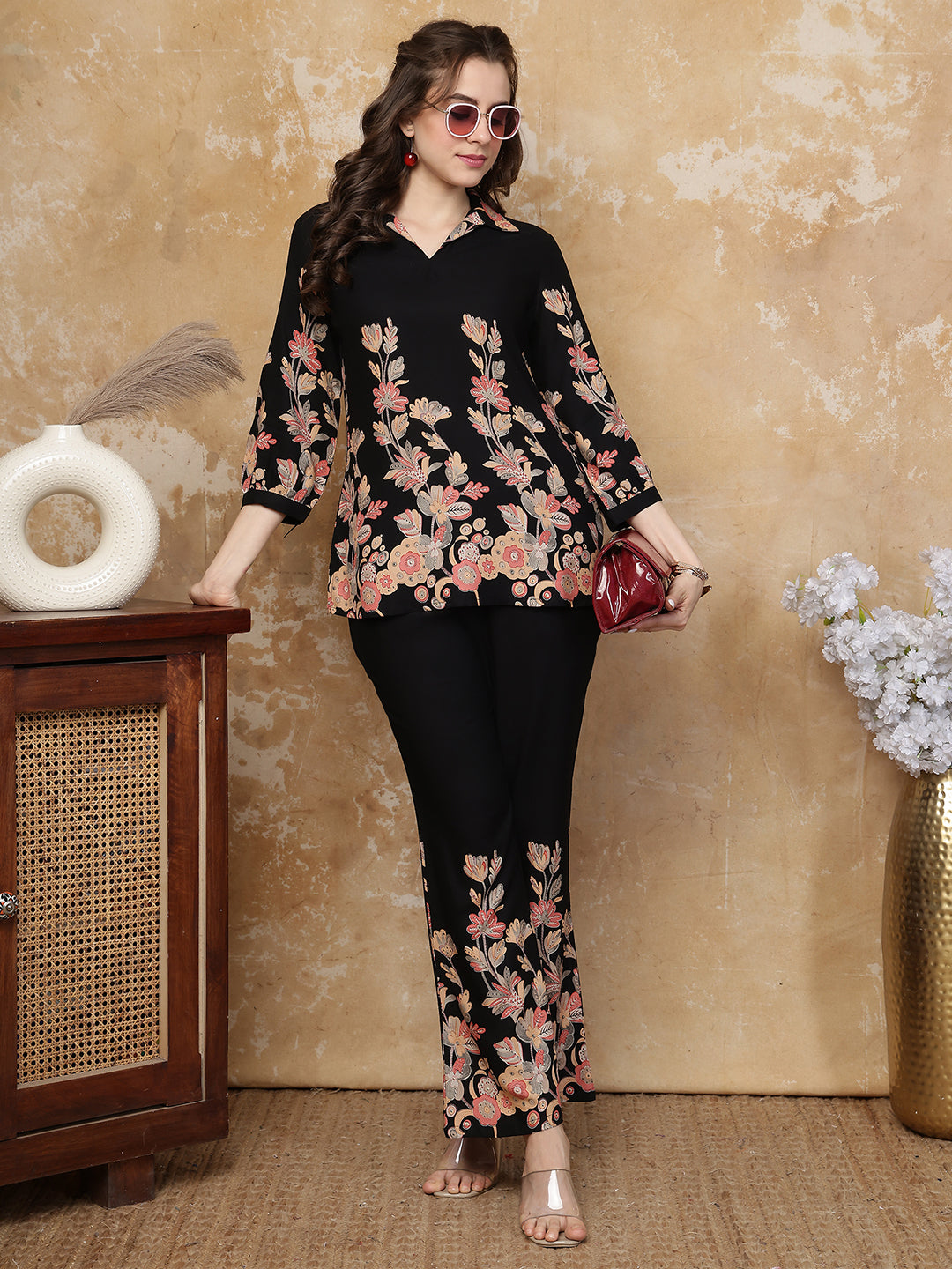 Black Floral Print Top with Flared Trousers Co-ord Set | Claura