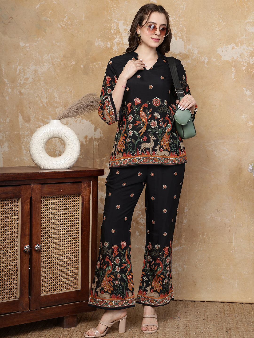 Black Peacock Printed Tunic with Printed Palazzos | Claura