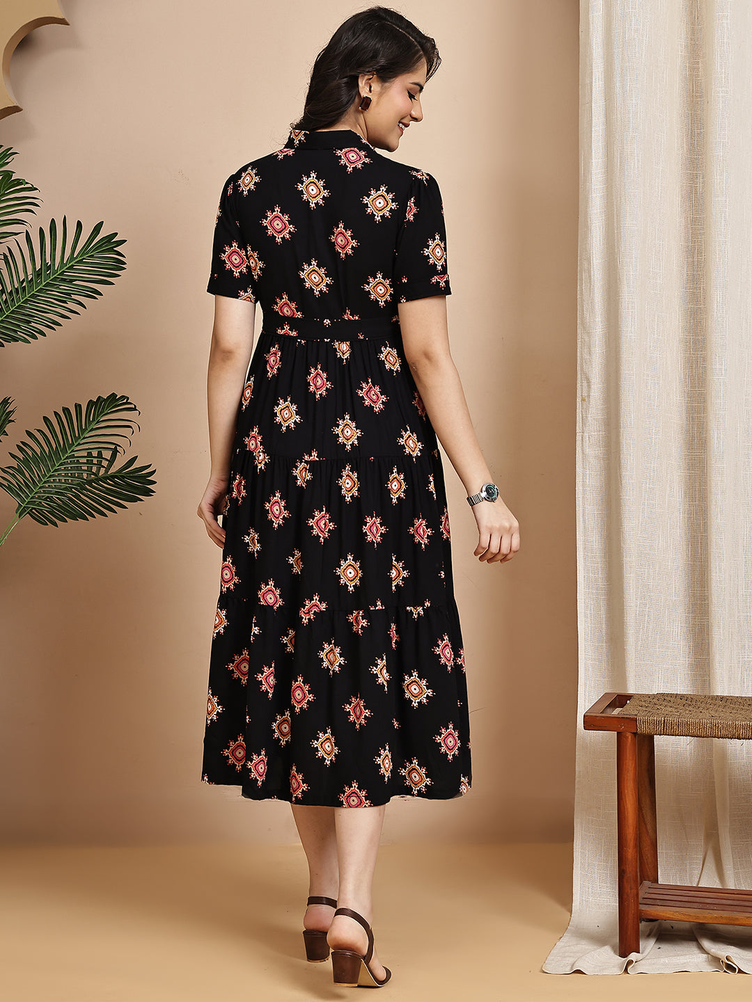 Black Colour Floral Printed Viscose Rayon Dress For Women
