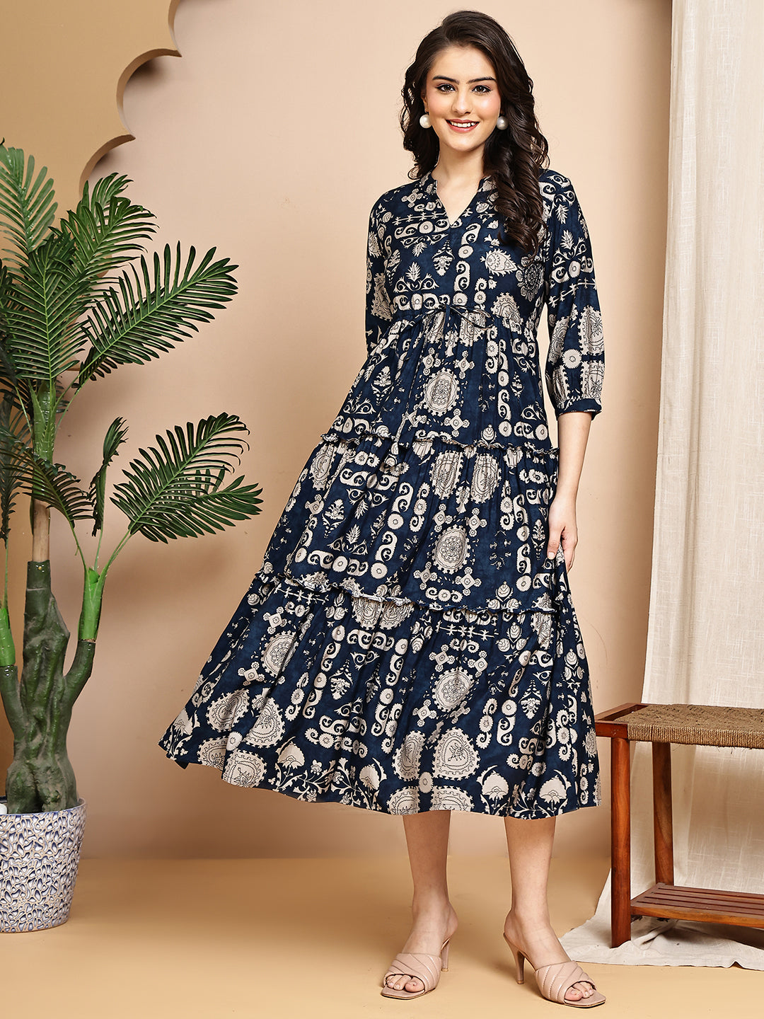 Woman wearing navy blue abstract printed Chanderi dress