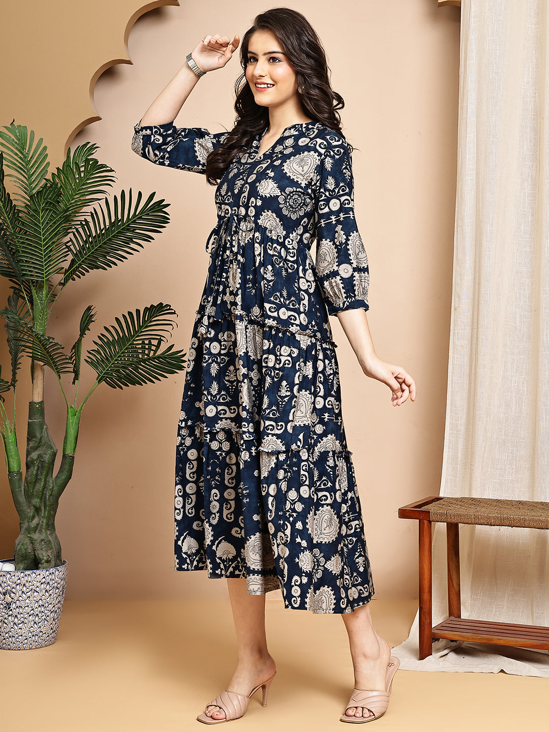 Navy Blue Chanderi Abstract Printed Dress for Women | Claura