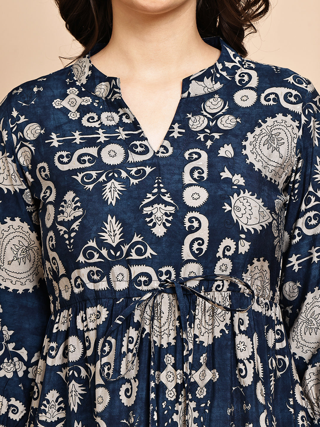 Navy Blue Chanderi Abstract Printed Dress for Women | Claura