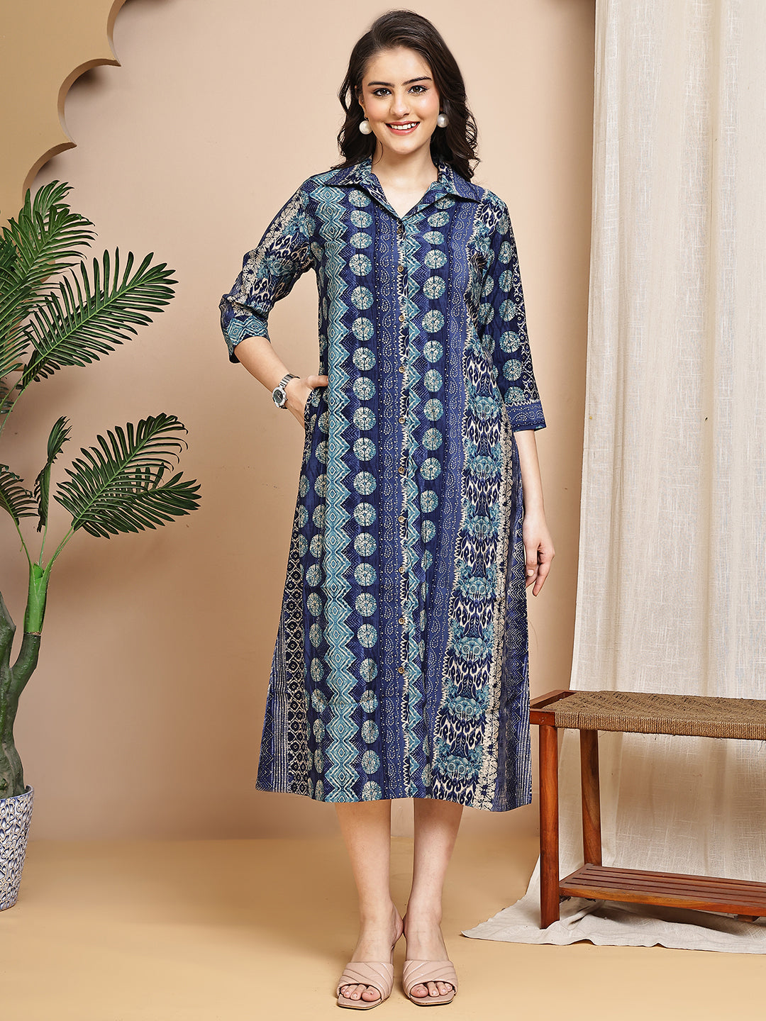 Close-up of Chanderi fabric detail on blue Dresses for Women