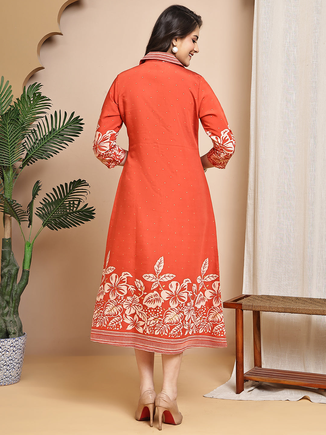 Orange Floral Printed Chanderi Premium Dress For Women