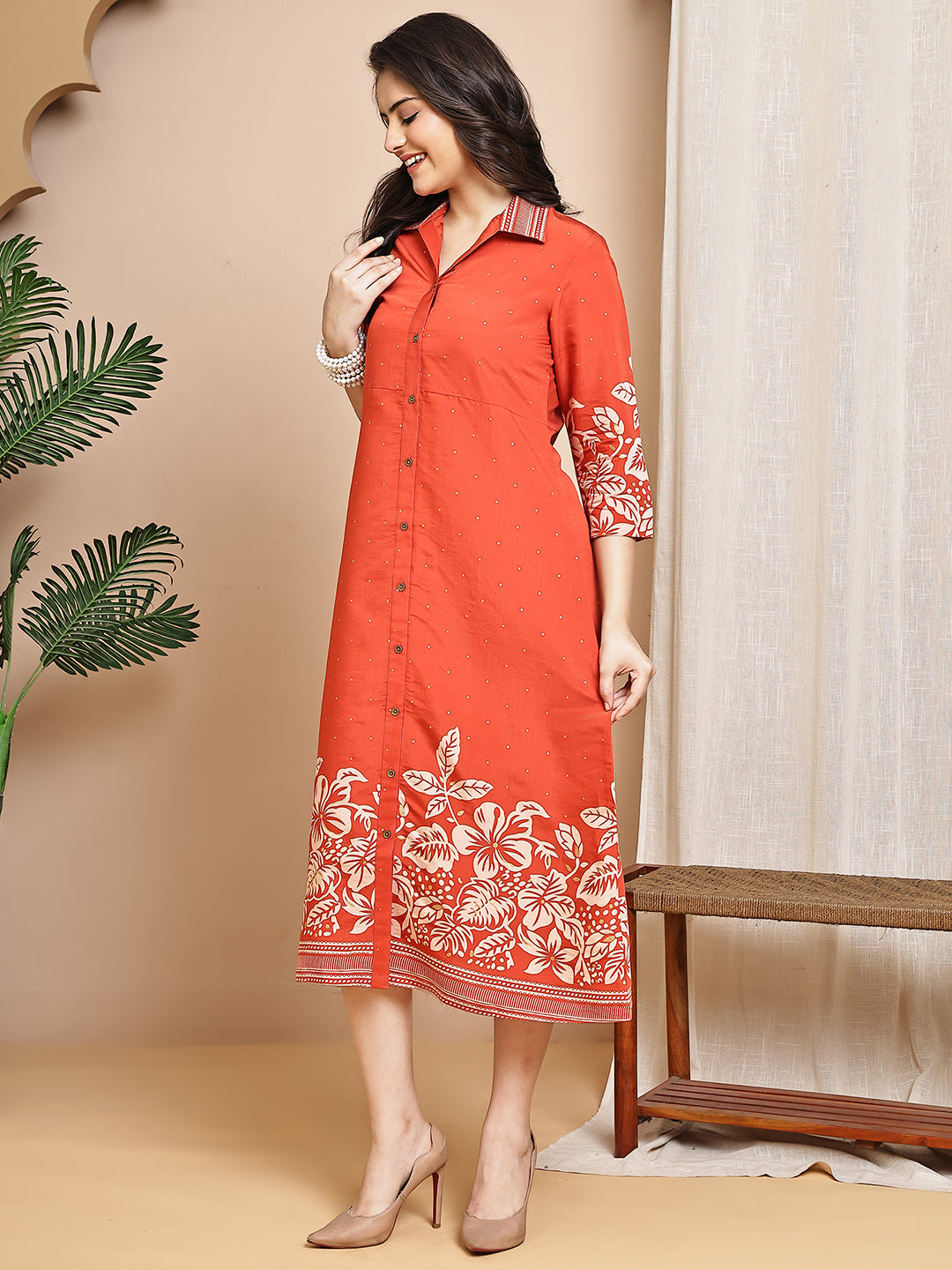 Orange Floral Printed Chanderi Premium Dress For Women