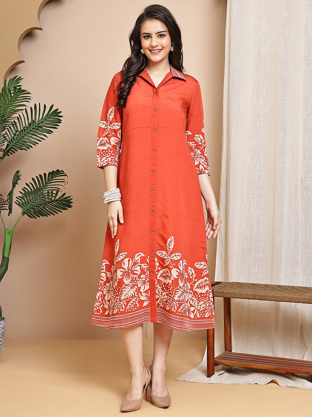 Orange Floral Printed Chanderi Premium Dress For Women