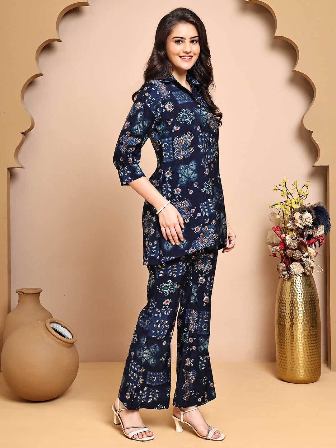 Navy Blue Co-Ord Set with Trousers & Shirt Collar Tunic