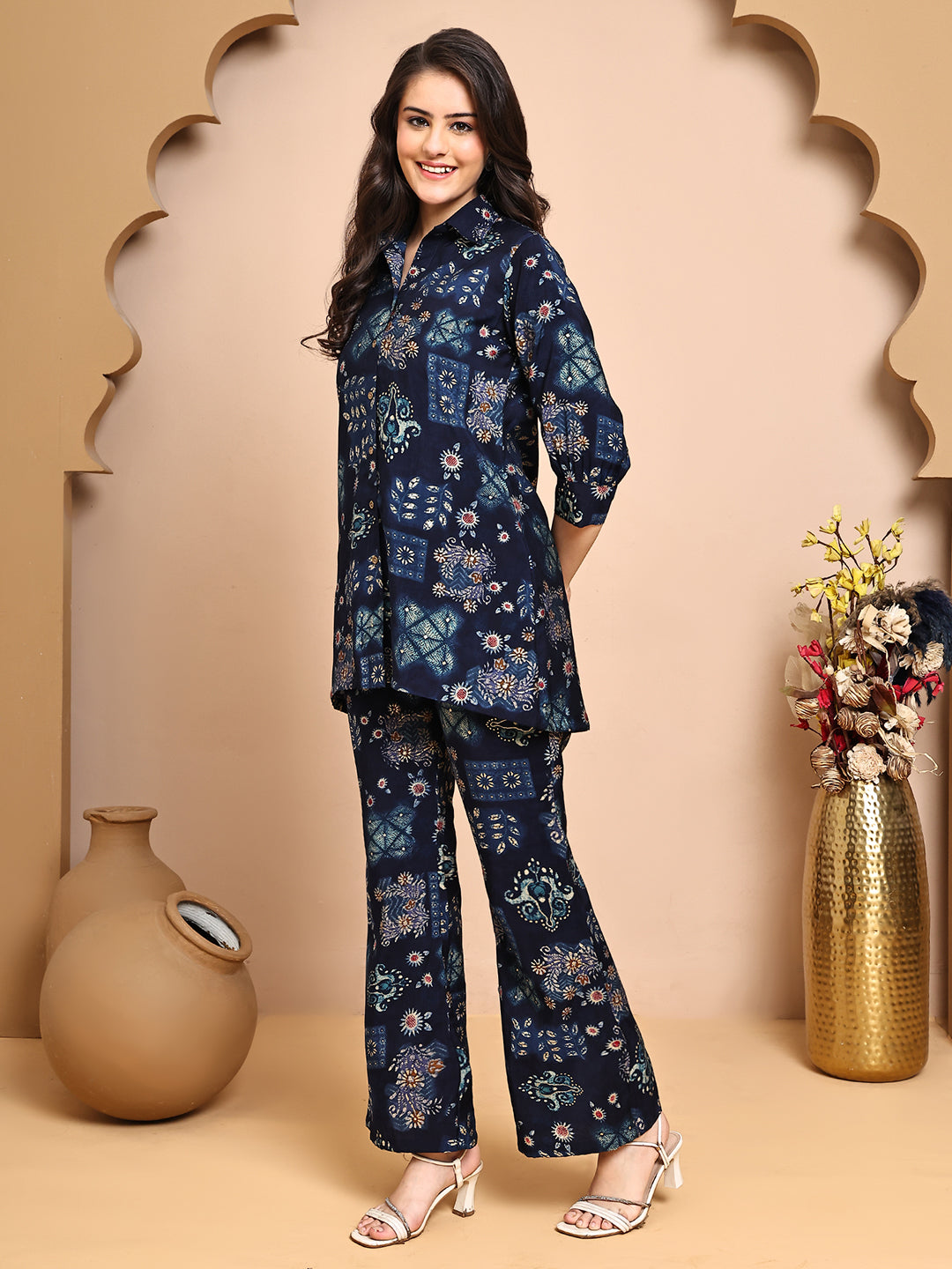 Back view of model styling Navy Blue co-ord outfit