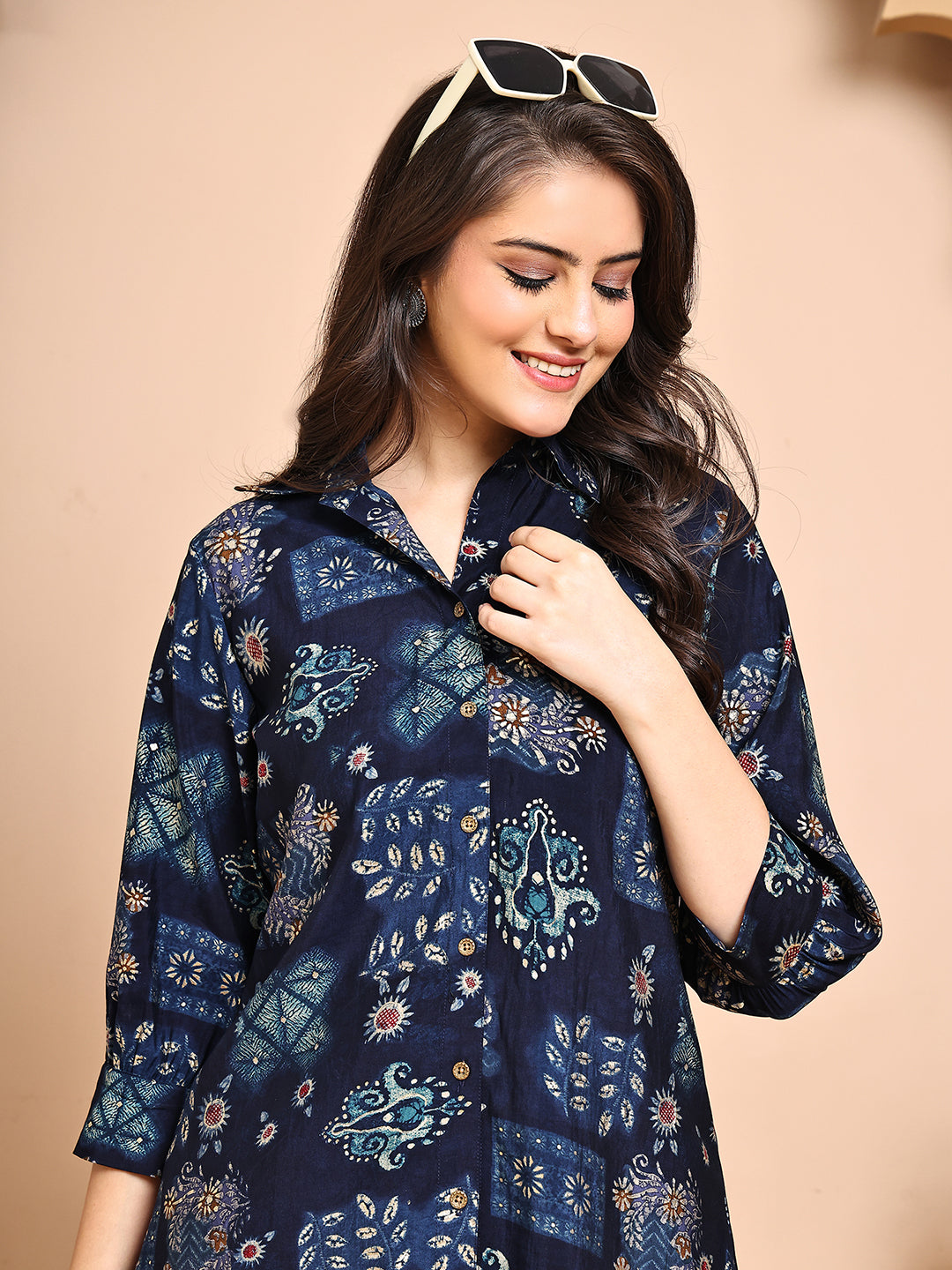 Close-up of Abstract Print on Navy Blue Co-Ord Set tunic