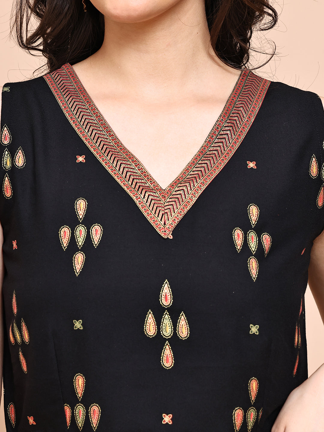 Close-up of the ethnic print on the rayon jacket