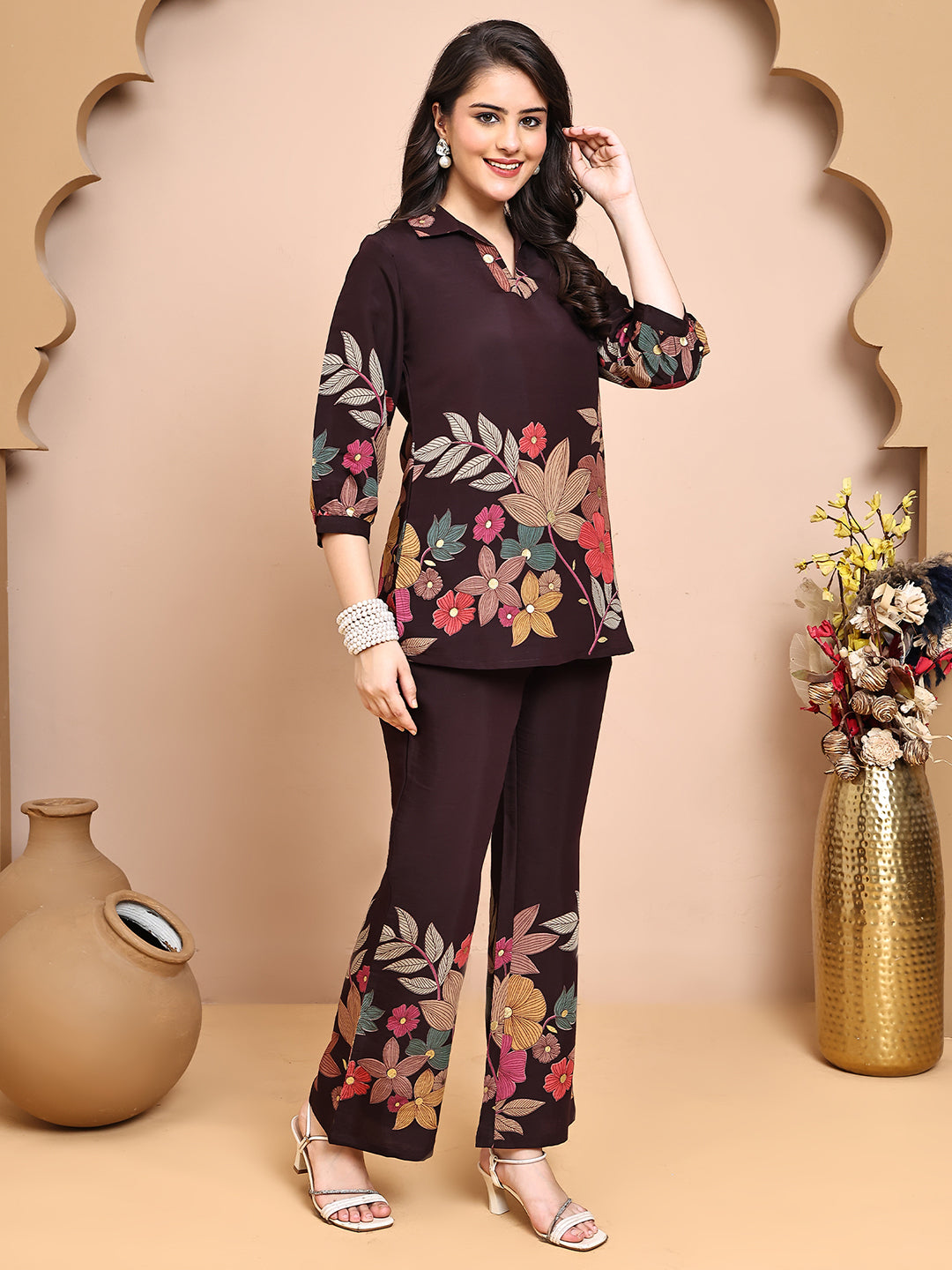 Coffee Co-Ord Set with Flared Pants & Collared Tunic Top