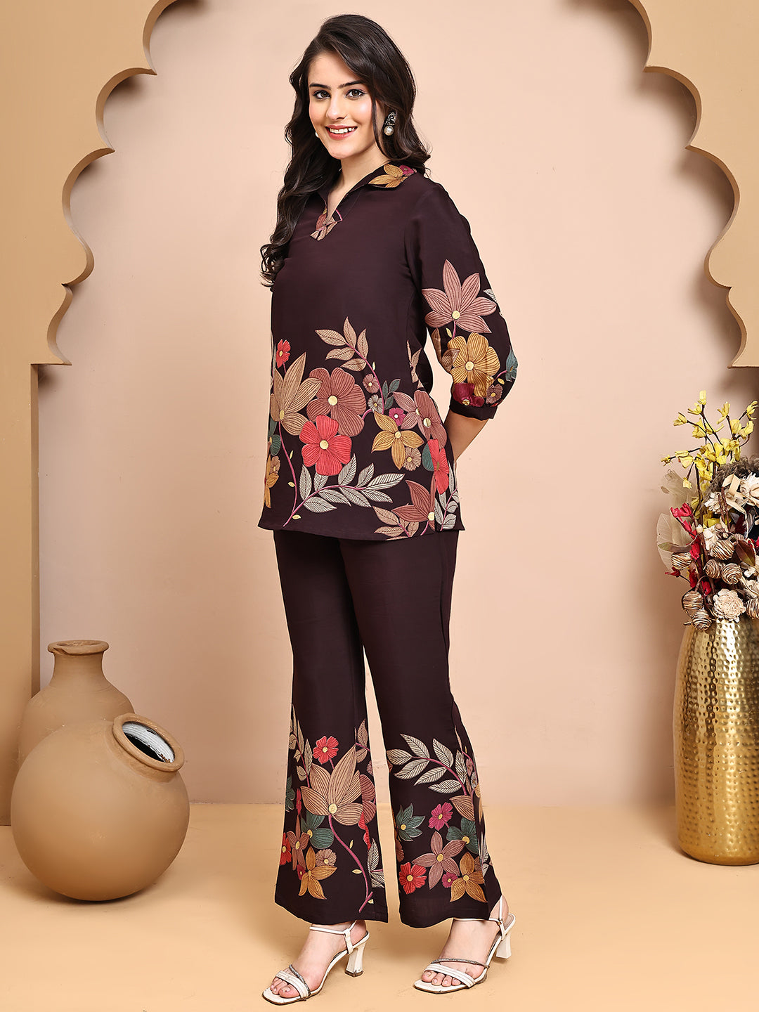 Model posing in comfortable Coffee brown co-ord outfit