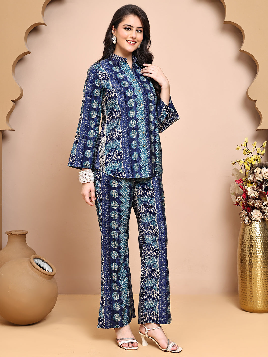 Navy Blue Co-Ord Set with Trousers & Shirt Collar Tunic