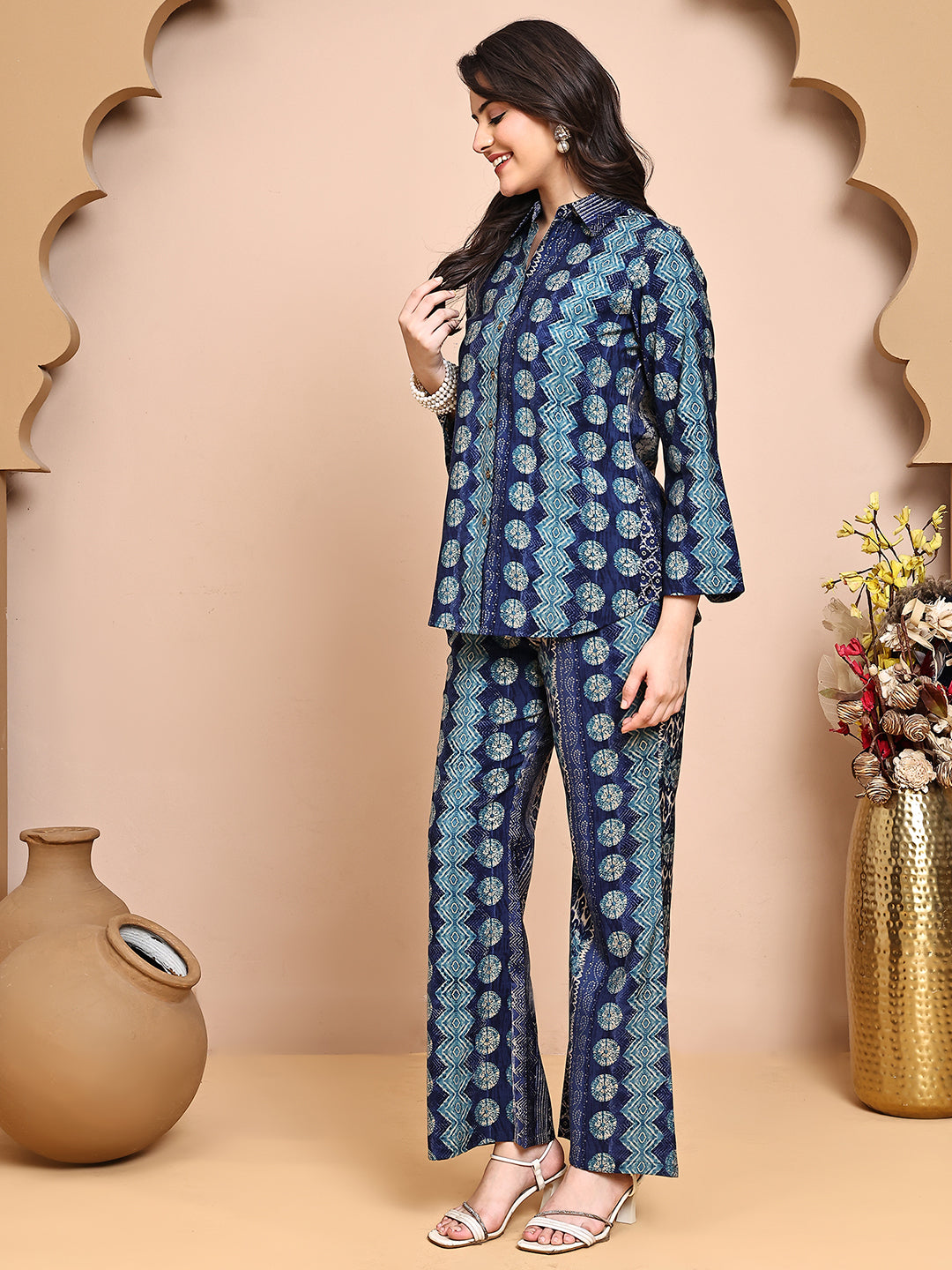 Back view of model styling abstract printed co-ord outfit
