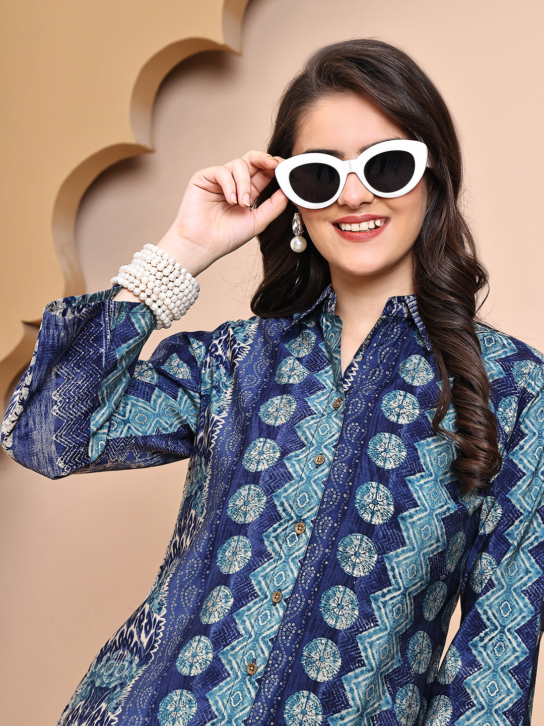 Close-up of Premium Chanderi fabric on Blue Co-Ord Set