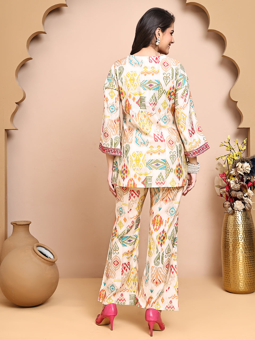 Back view of model styling Abstract print co-ord outfit