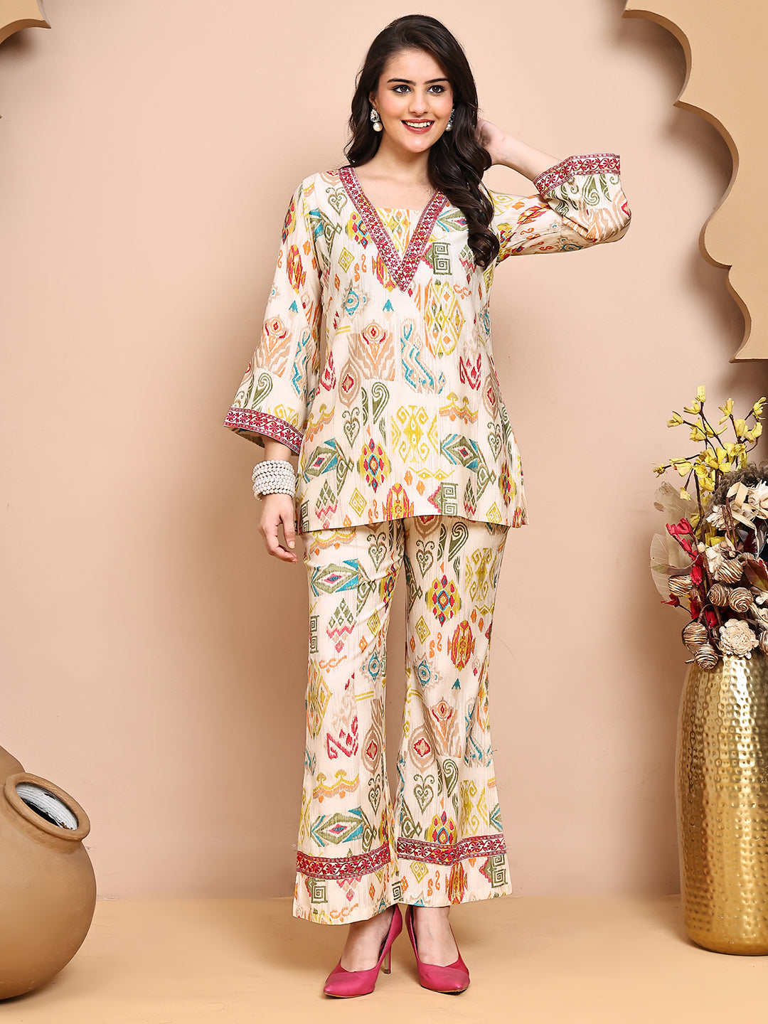 Woman wearing Multi-Color Abstract Co-Ord Set