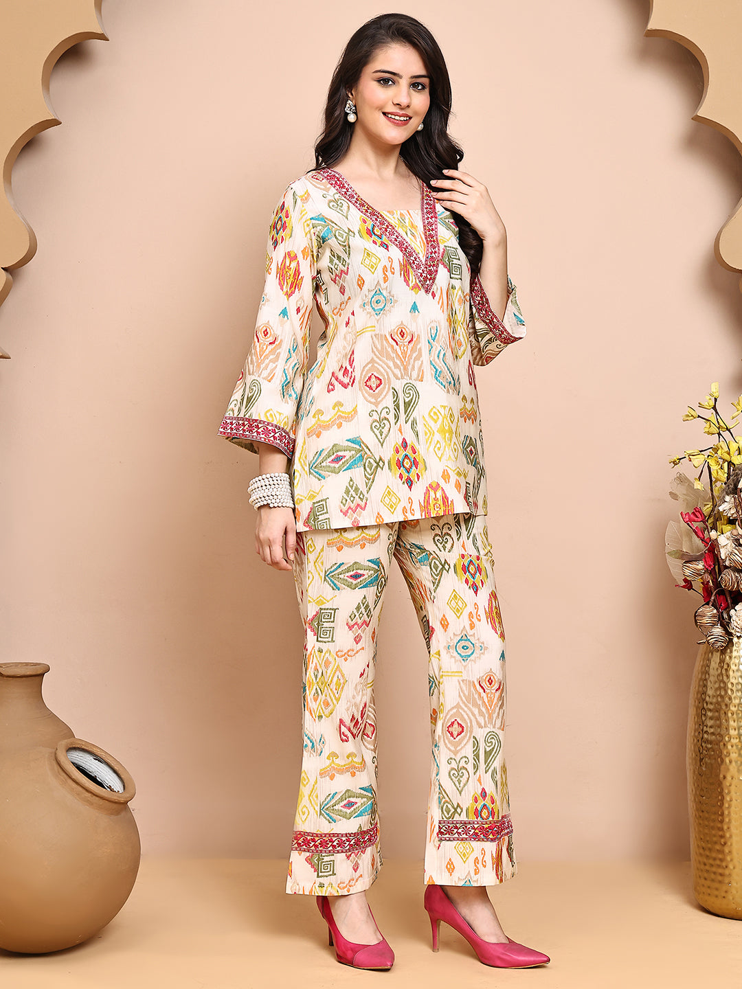 Lifestyle shot of Abstract Print Co-Ord Set at a weekend brunch