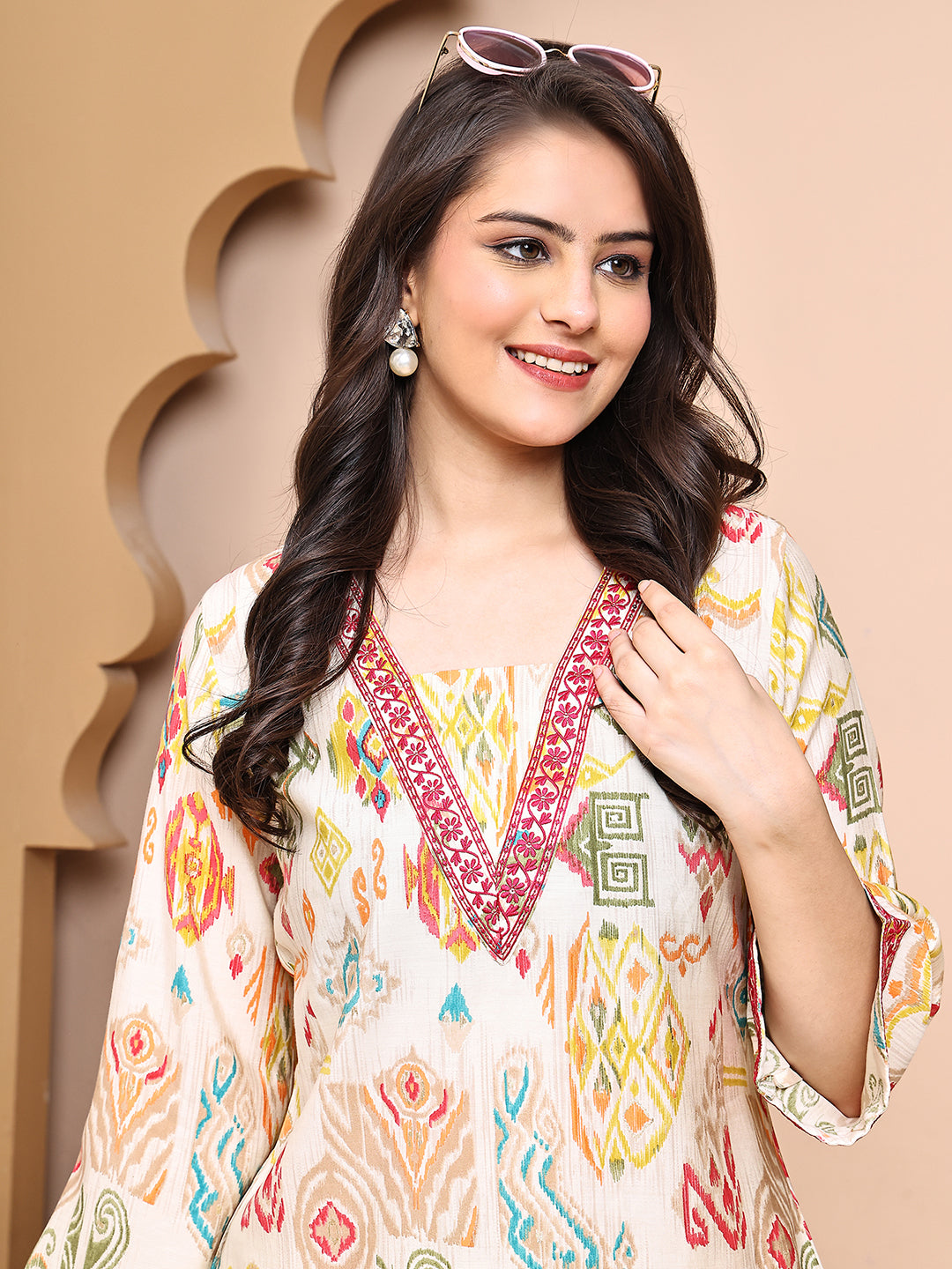 Close-up of Chanderi fabric on Multi-Color Abstract top