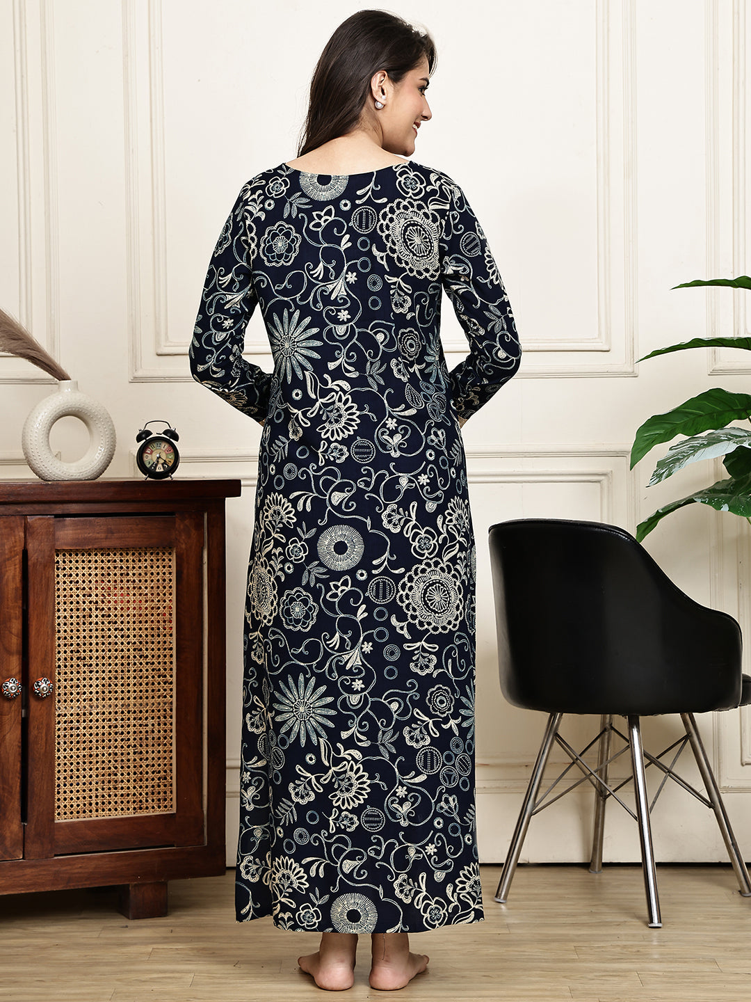Navy Blue Colour Floral Printed Viscose Rayon Nighty For Women