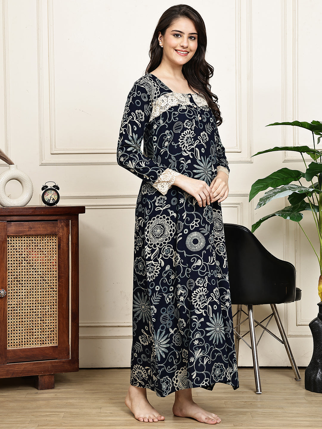 Navy Blue Colour Floral Printed Viscose Rayon Nighty For Women