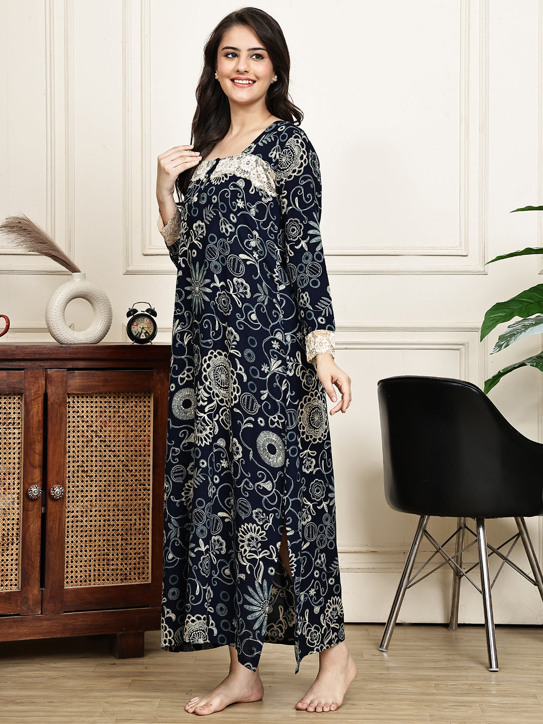 Navy Blue Colour Floral Printed Viscose Rayon Nighty For Women