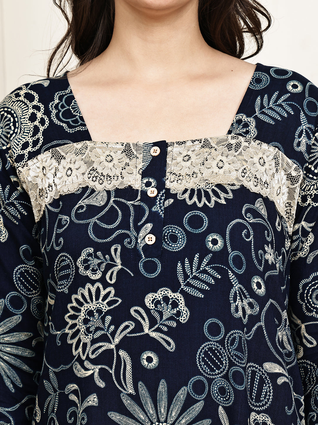 Navy Blue Colour Floral Printed Viscose Rayon Nighty For Women