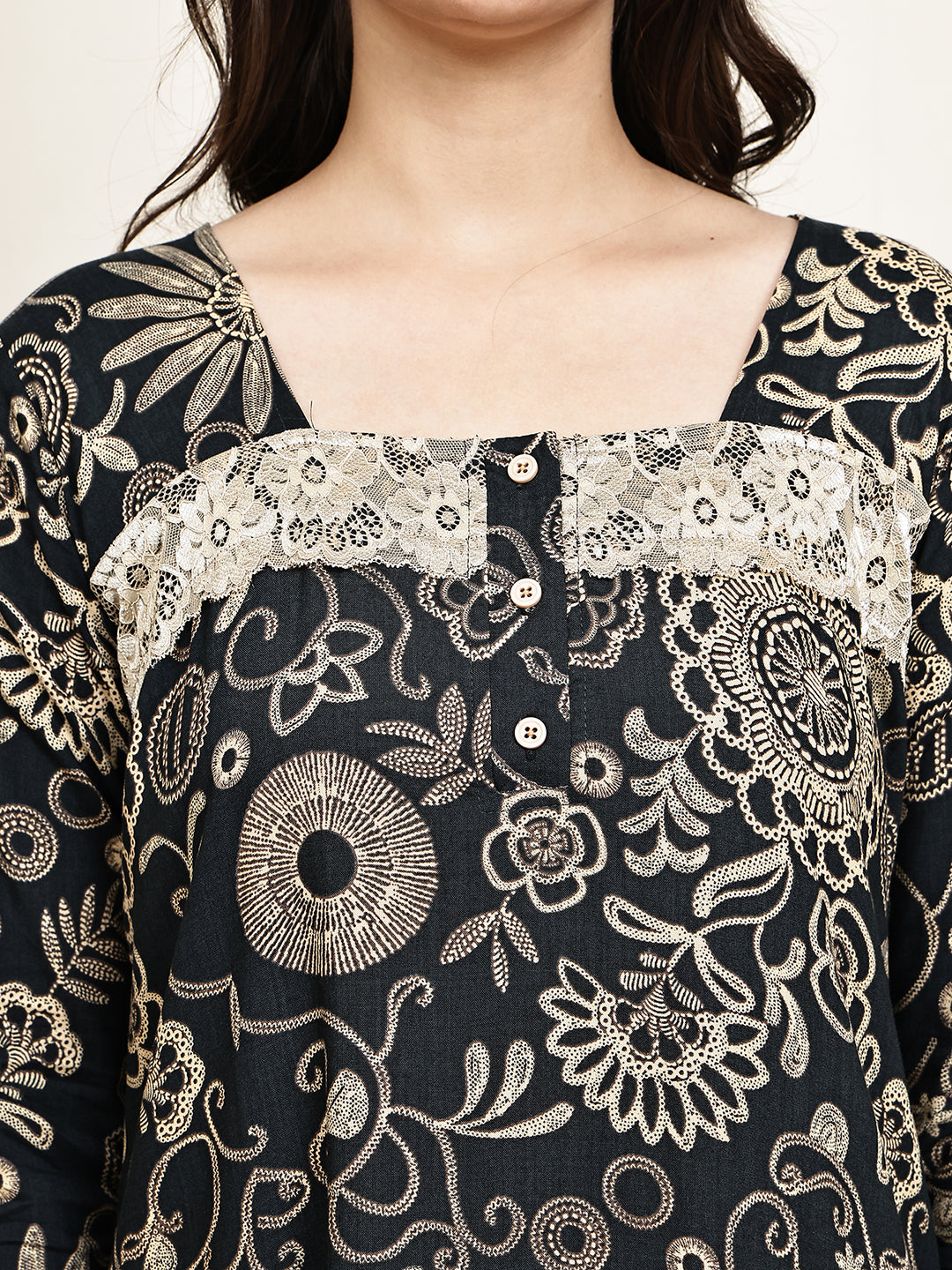 Black Colour Floral Printed Viscose Rayon Nighty For Women