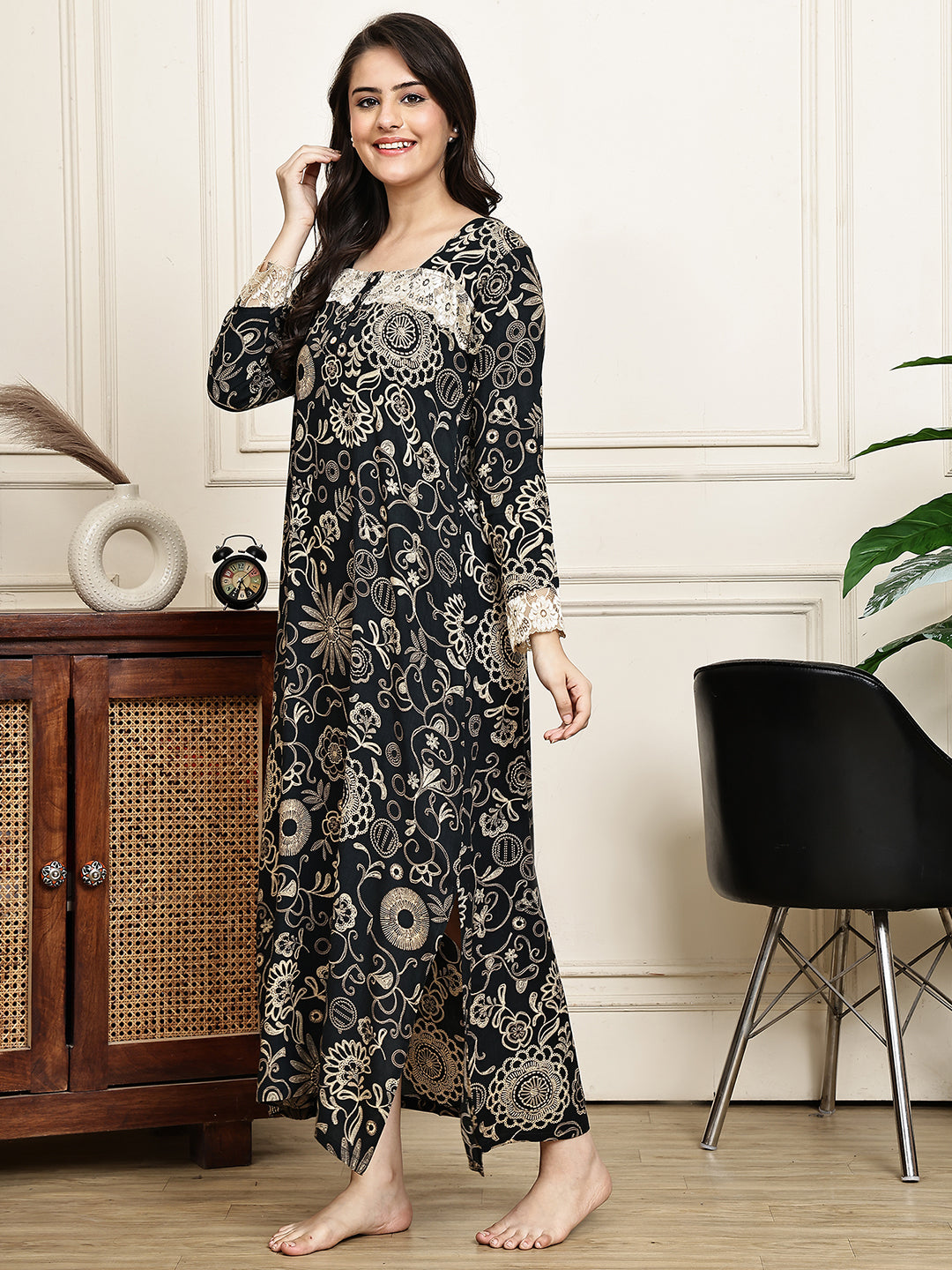 Black Colour Floral Printed Viscose Rayon Nighty For Women