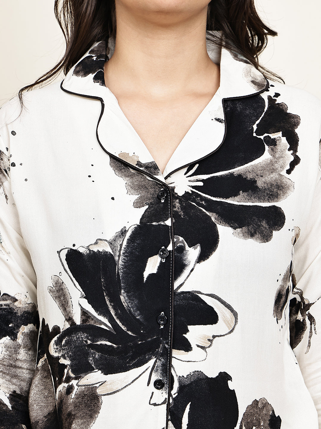 Black Viscose Floral Night Suit for Women | Claura