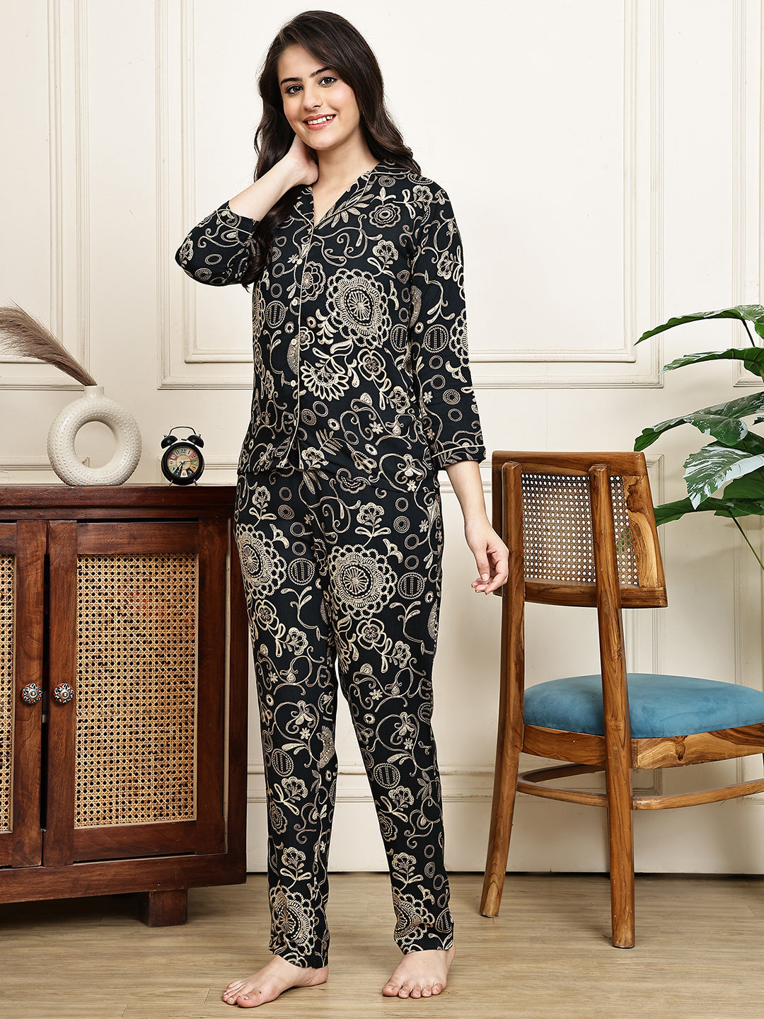 Black Rayon Ethnic Print Night Suit for Women | Claura