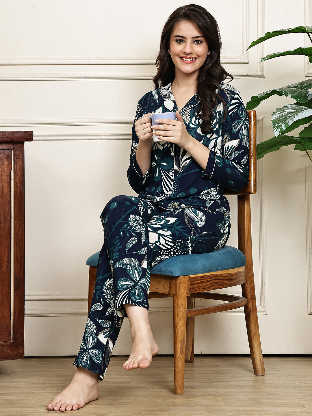Lifestyle shot of Floral Night Suit for Women lounging