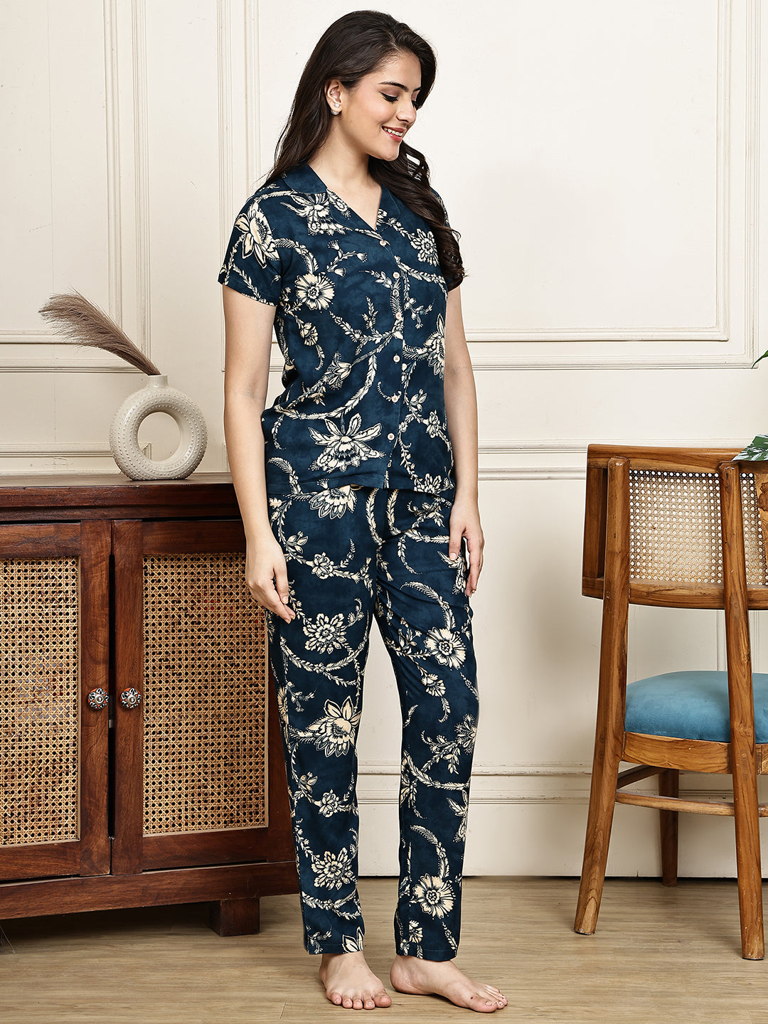 Navy blue viscose rayon night suit with notched collar