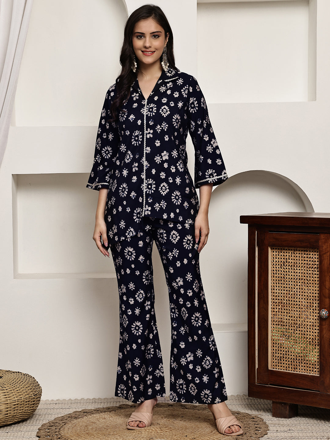 Lifestyle shot of Floral Chanderi Co-Ord Set for travel
