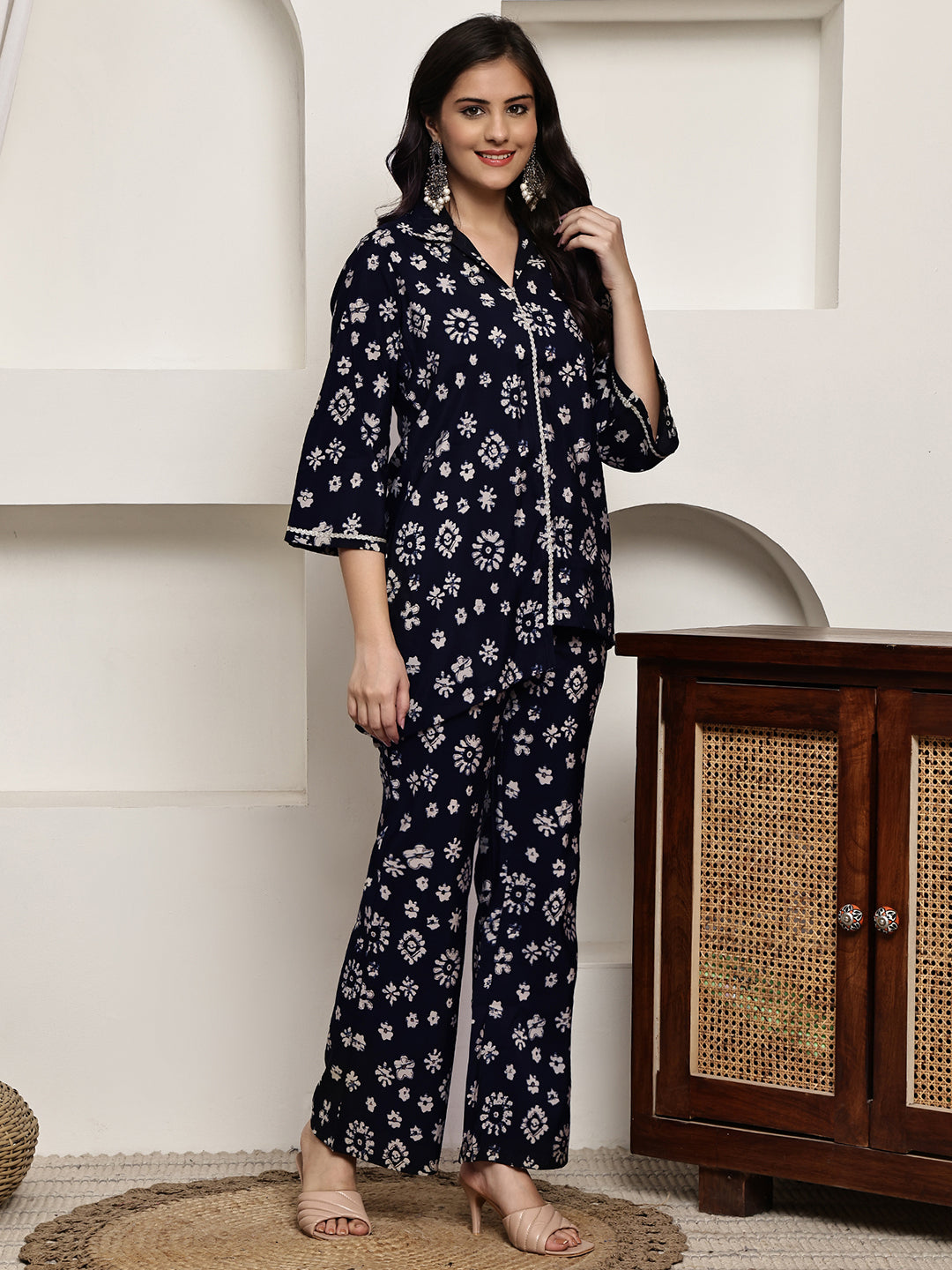 Close-up of Chanderi Silk fabric on Navy Blue Co-Ord Set