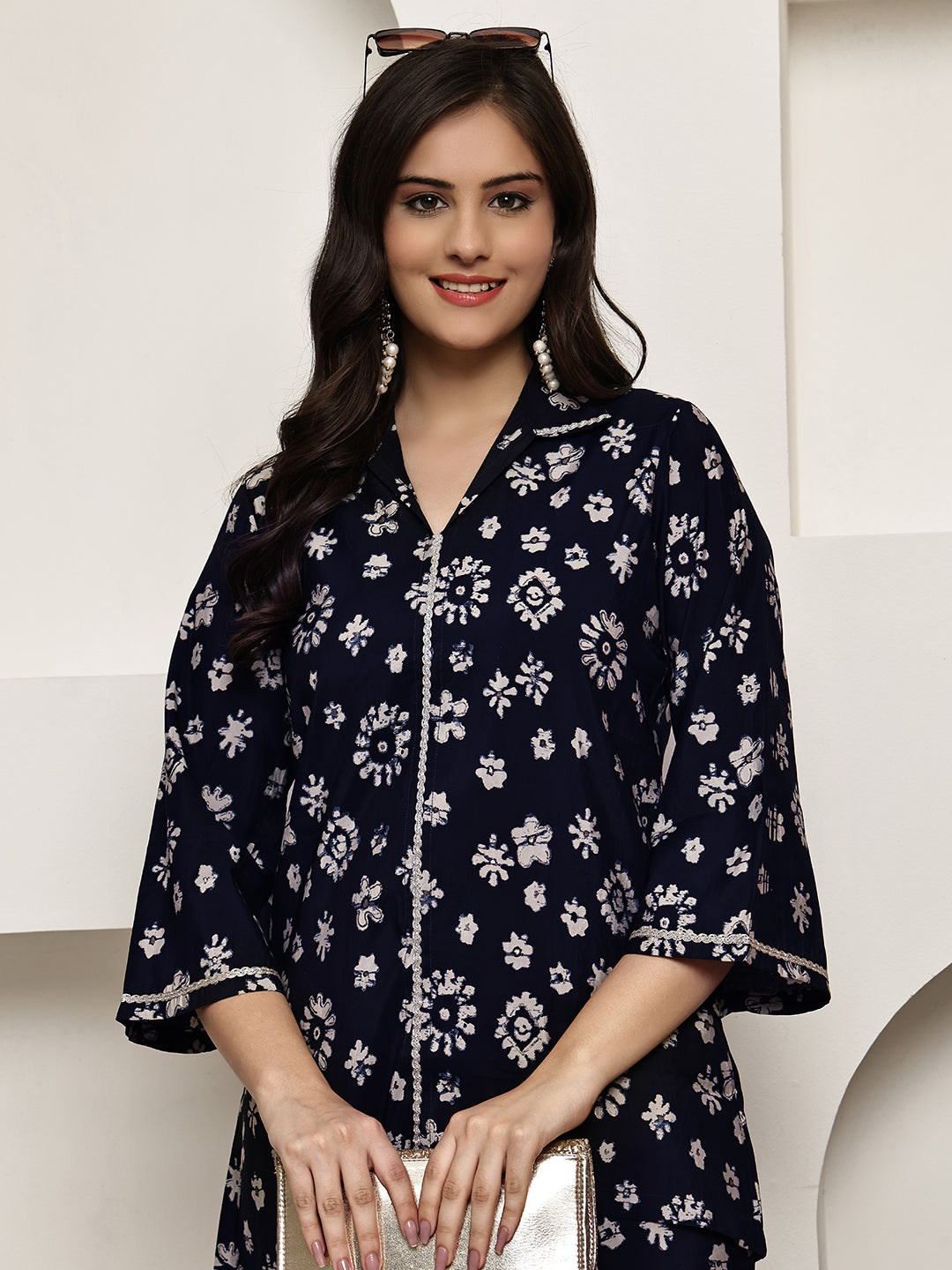Close-up of Chanderi Silk fabric on Navy Blue Co-Ord Set