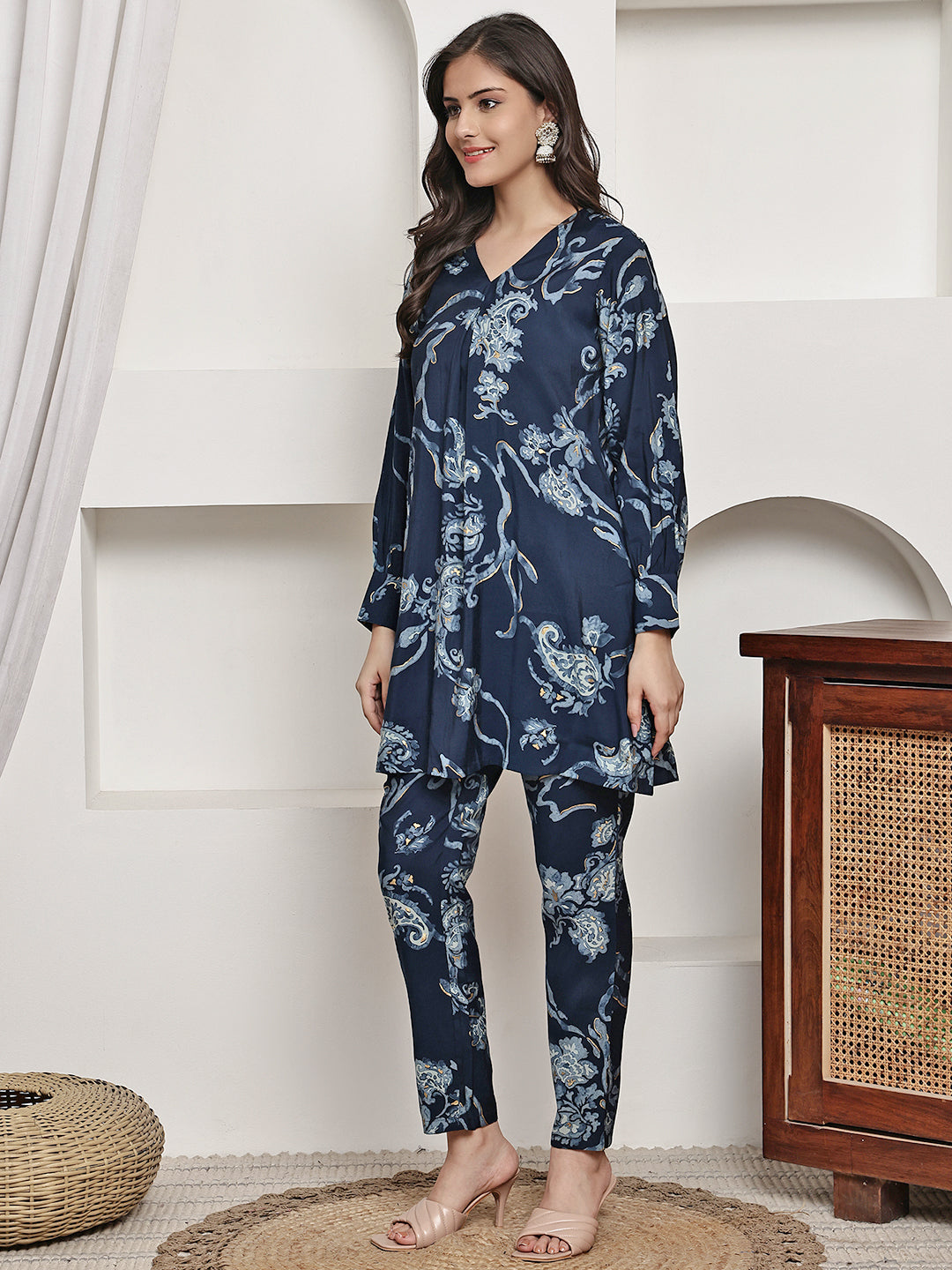 Navy Blue Co-Ord Set with Trouser & V-Neck Tunic