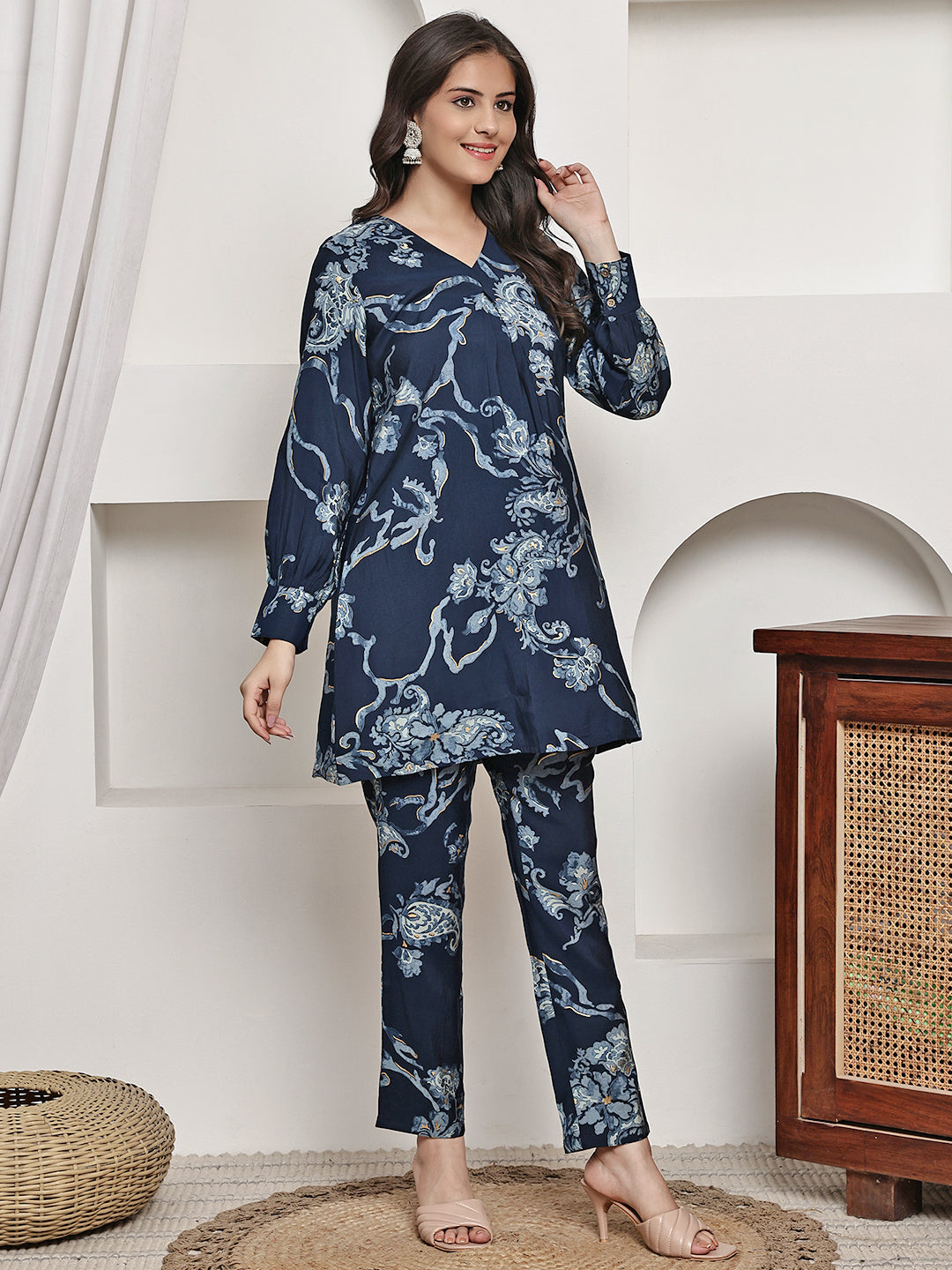 Back view of model styling Navy Blue floral co-ord outfit