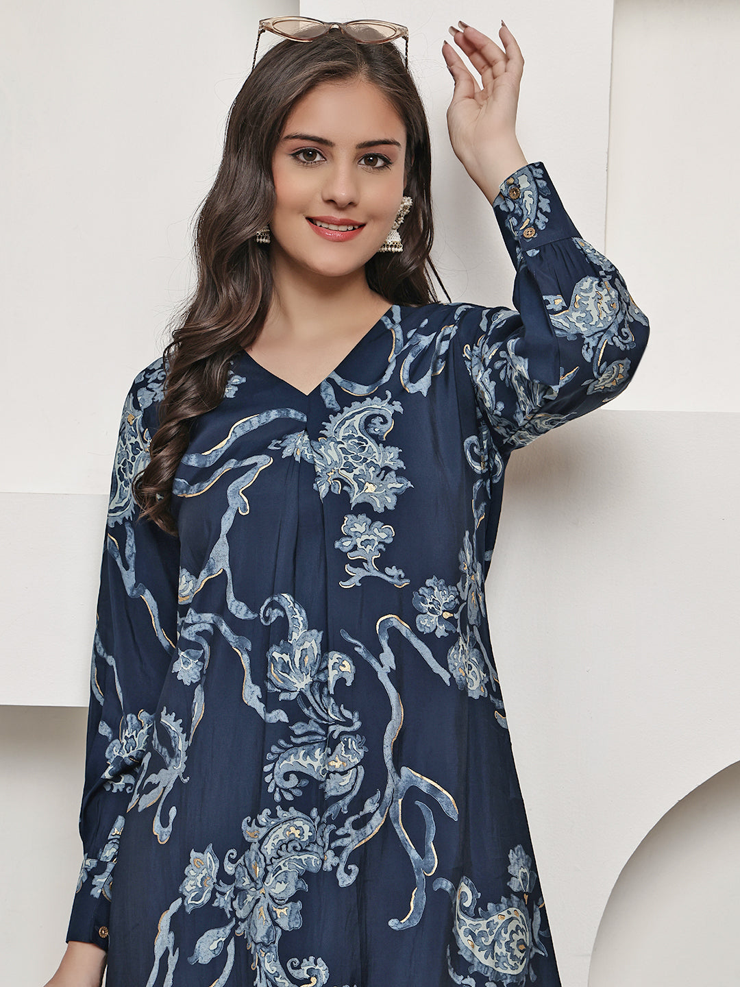 Close-up of Chanderi Silk fabric on Navy Blue Co-Ord Set
