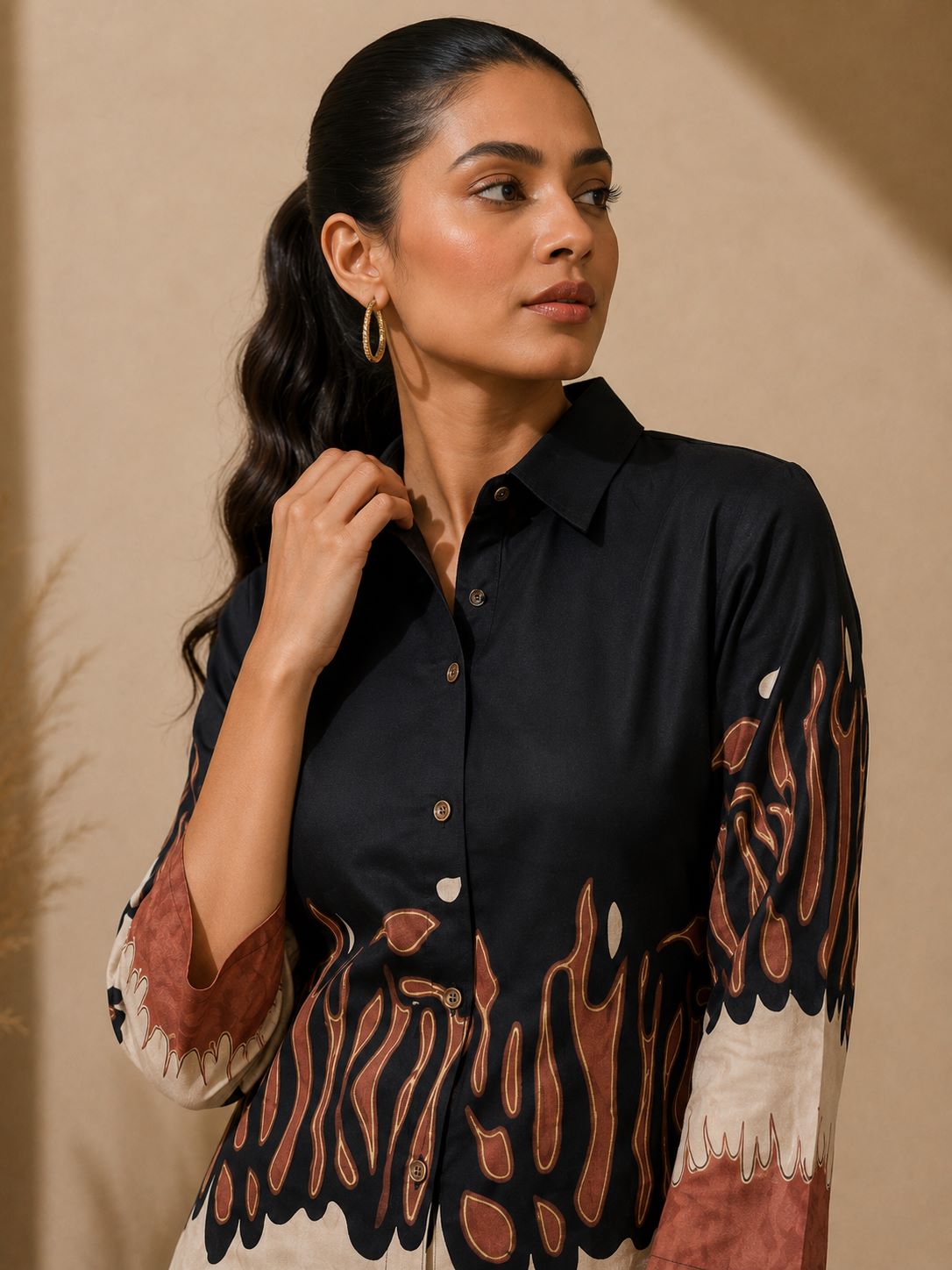 Black Color Abstract Printed Silk Co-Ord Set For Women | Claura