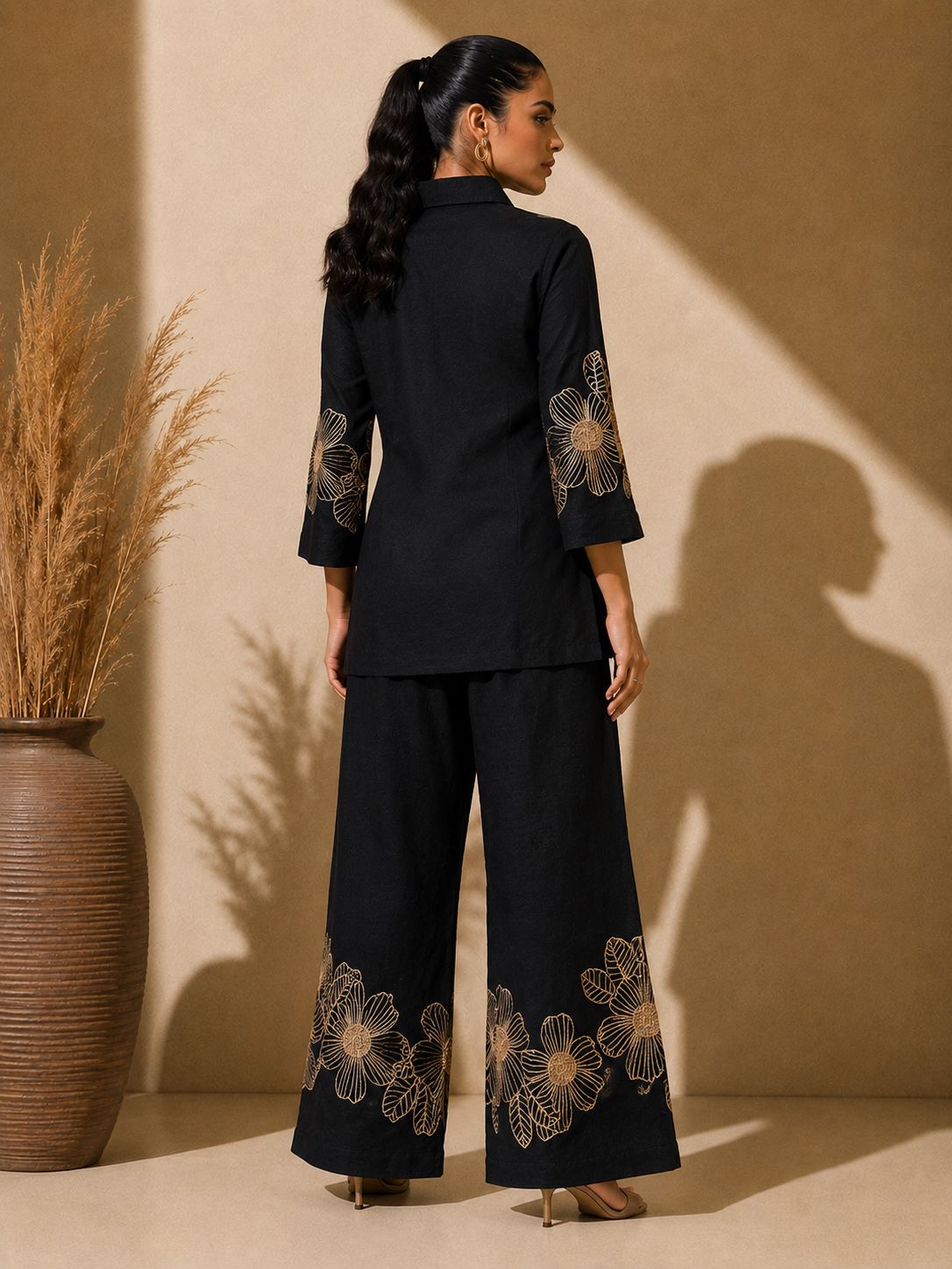 Black Embroidered Shirt Collar Co-ord Set | Claura