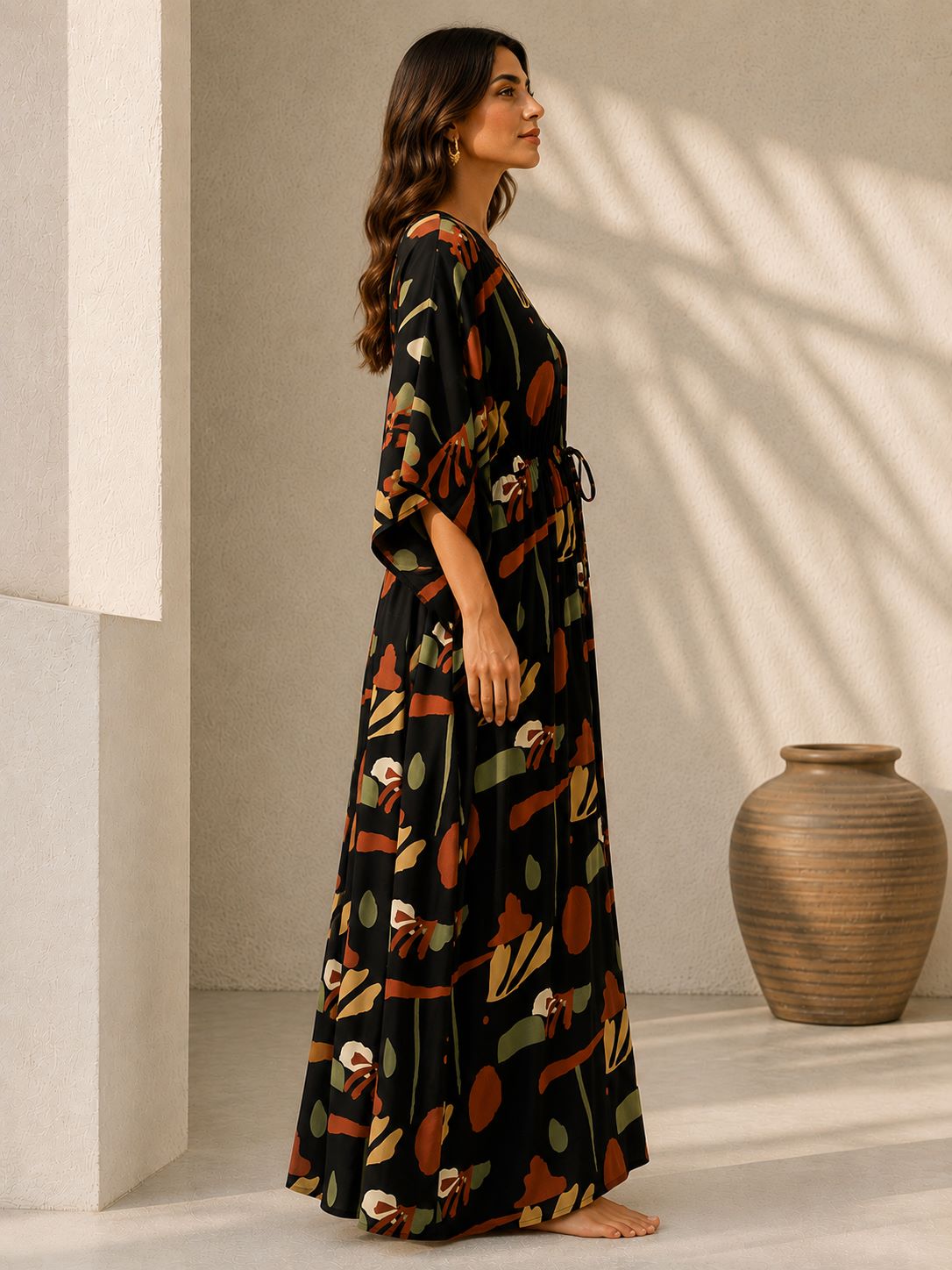 Black Boho Abstract Print Kaftan Maxi Dress with V-Neck | Claura