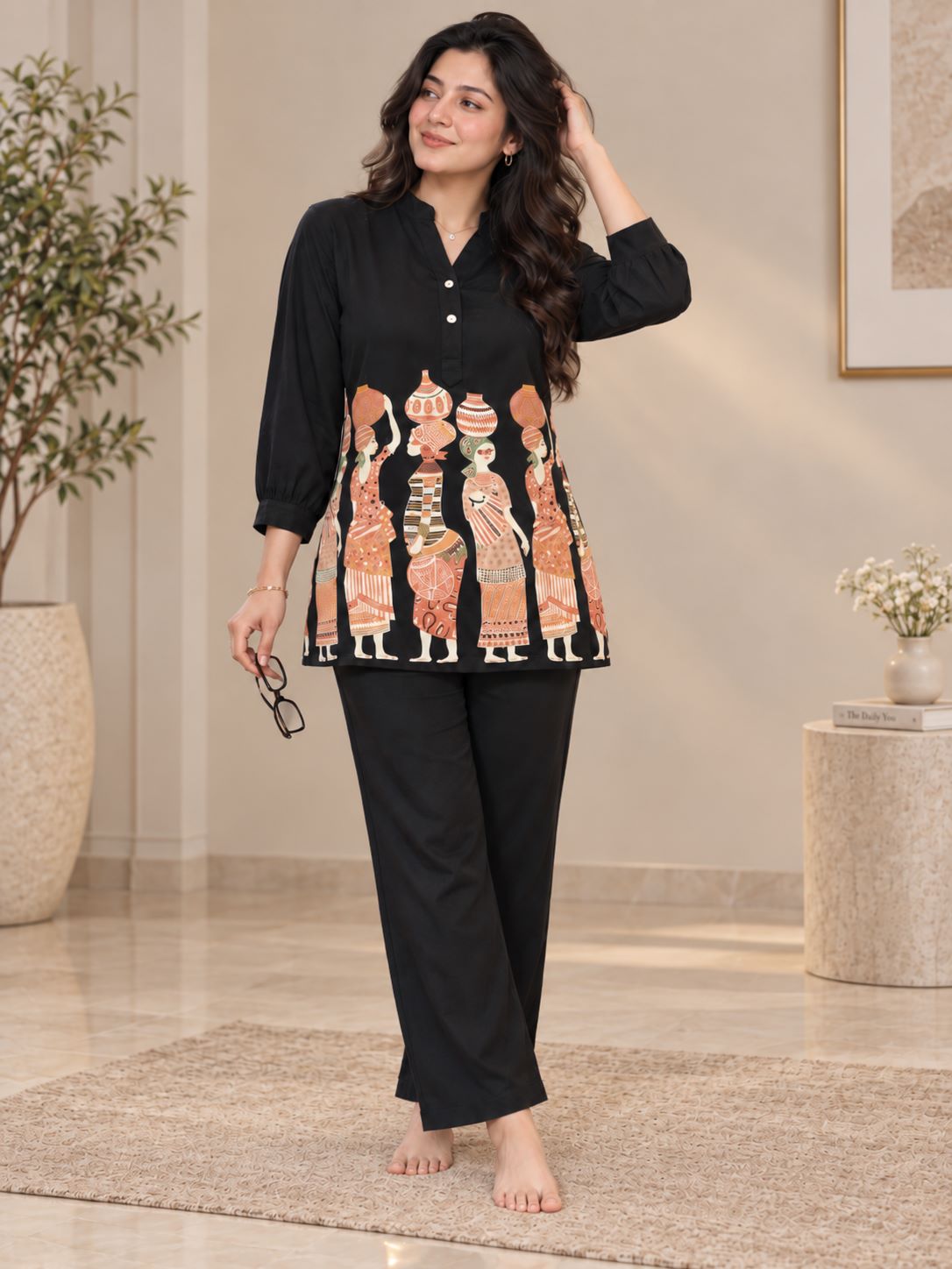 Black Ethnic Motifs Print Mandarin Collar Night Suit For Women | Claura