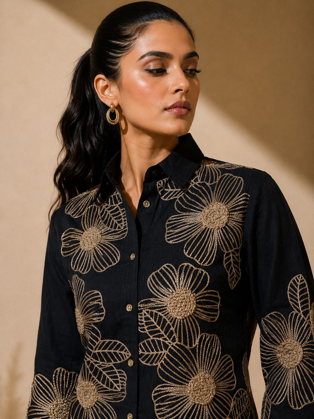 Black Embroidered co-ord set for women, shirt and pants, front angle