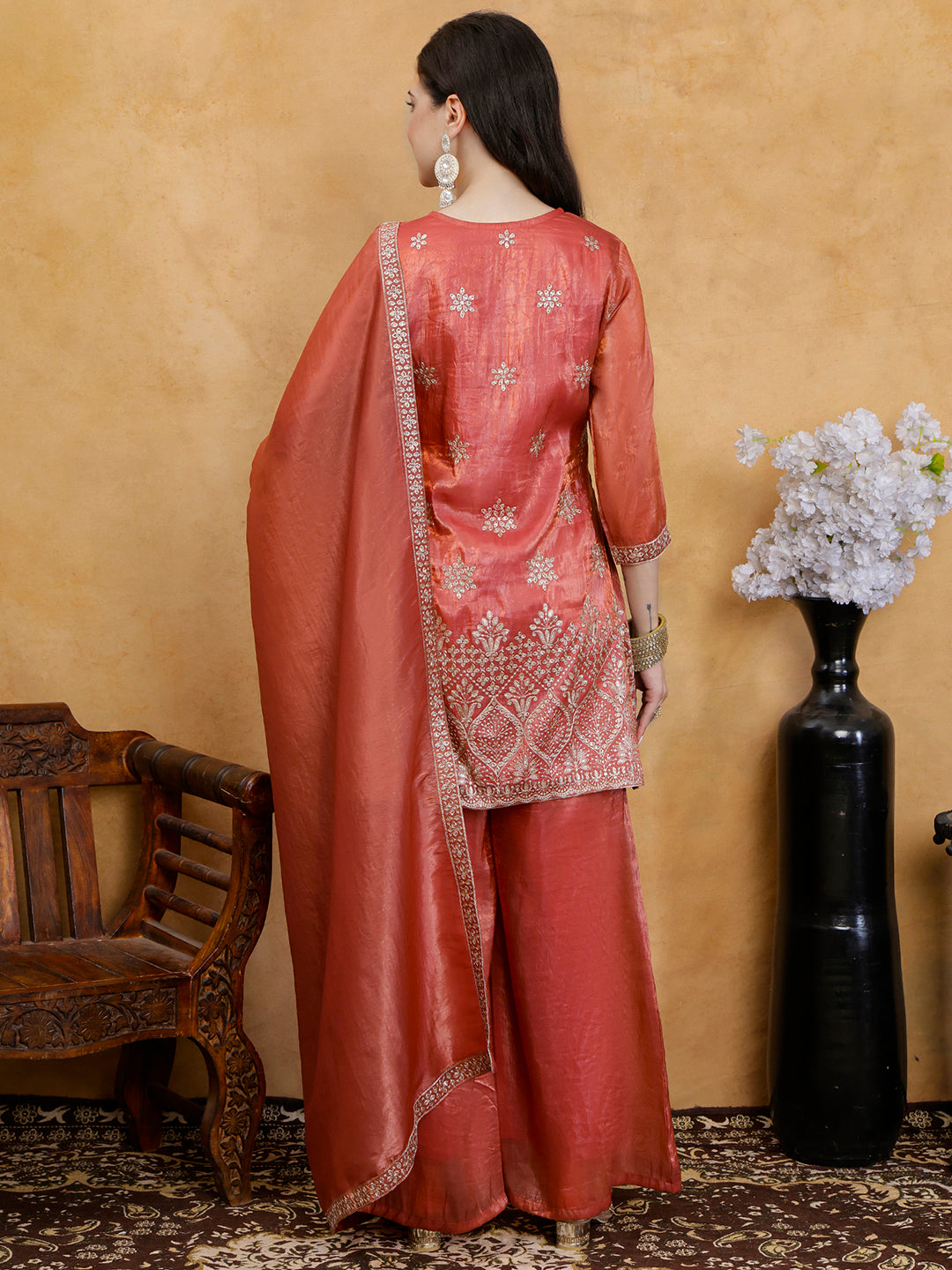 Rust Bloom Embroidered Silk Suit Set with Dupatta