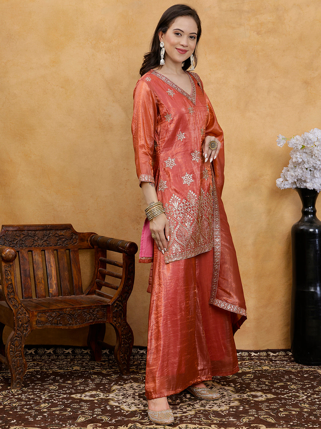 Rust Bloom Embroidered Silk Suit Set with Dupatta
