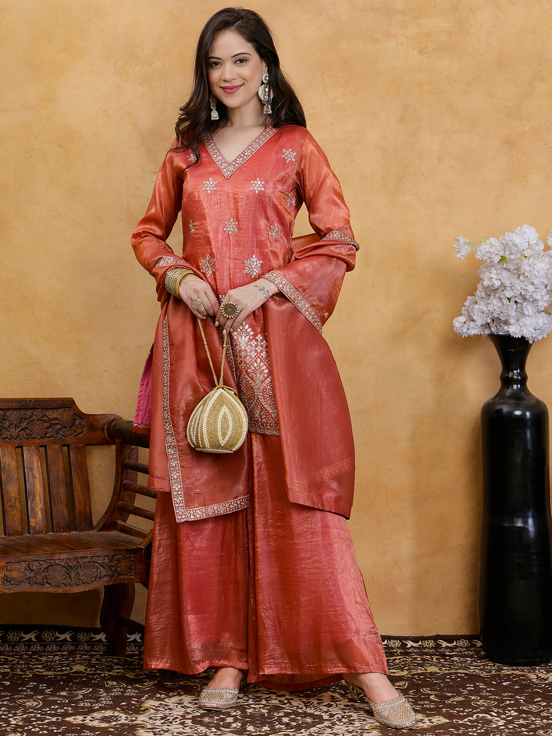 Rust Bloom Embroidered Silk Suit Set with Dupatta