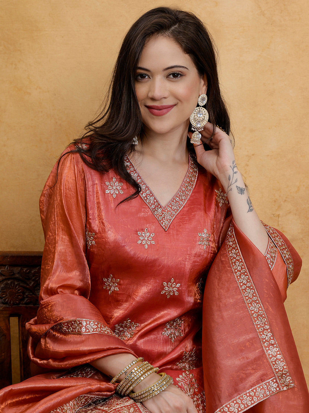 Rust Bloom Embroidered Silk Suit Set with Dupatta