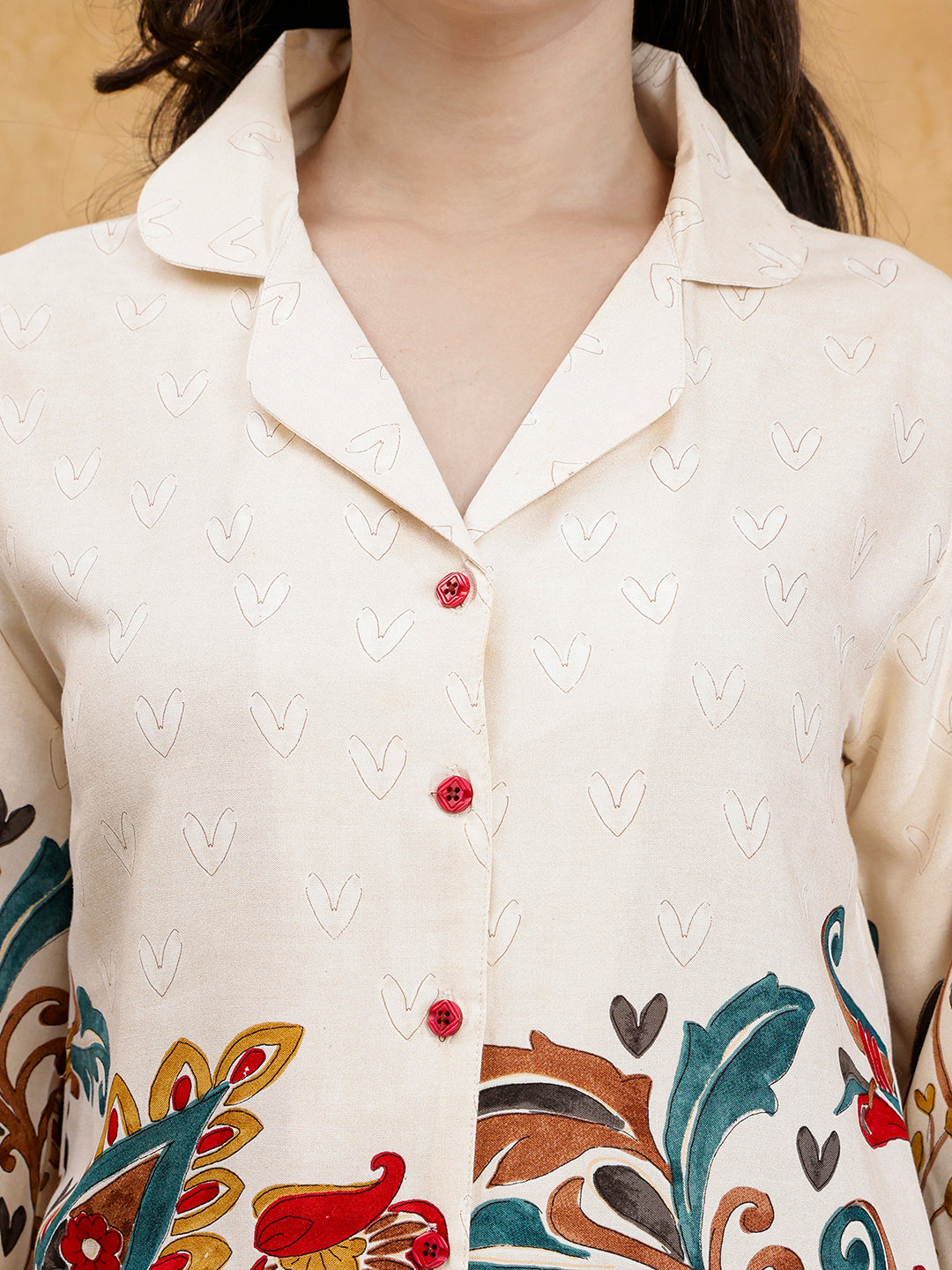 White Botanical Print Shirt Collar Night Suit For Women | Claura
