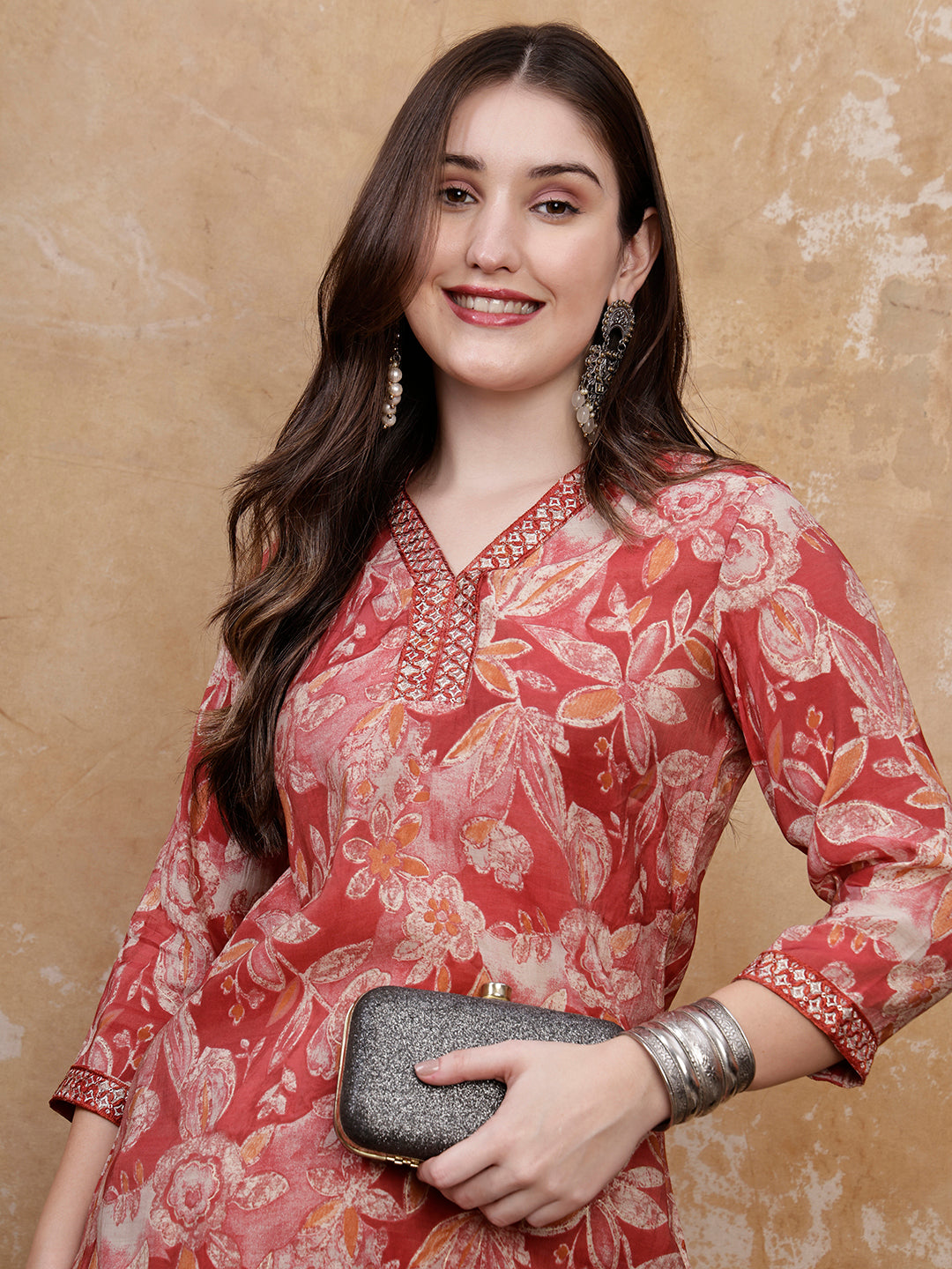 Red Floral Printed Silk-Blend Tunic with Matching Palazzo Pants | Claura